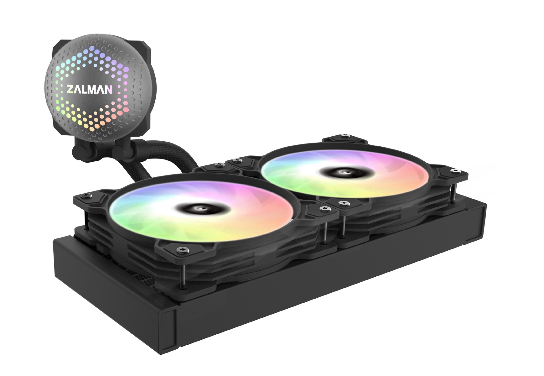 Schwarzer CPU-Kühler mit zwei Lüftern und RGB-Beleuchtung, weißer Hintergrund.