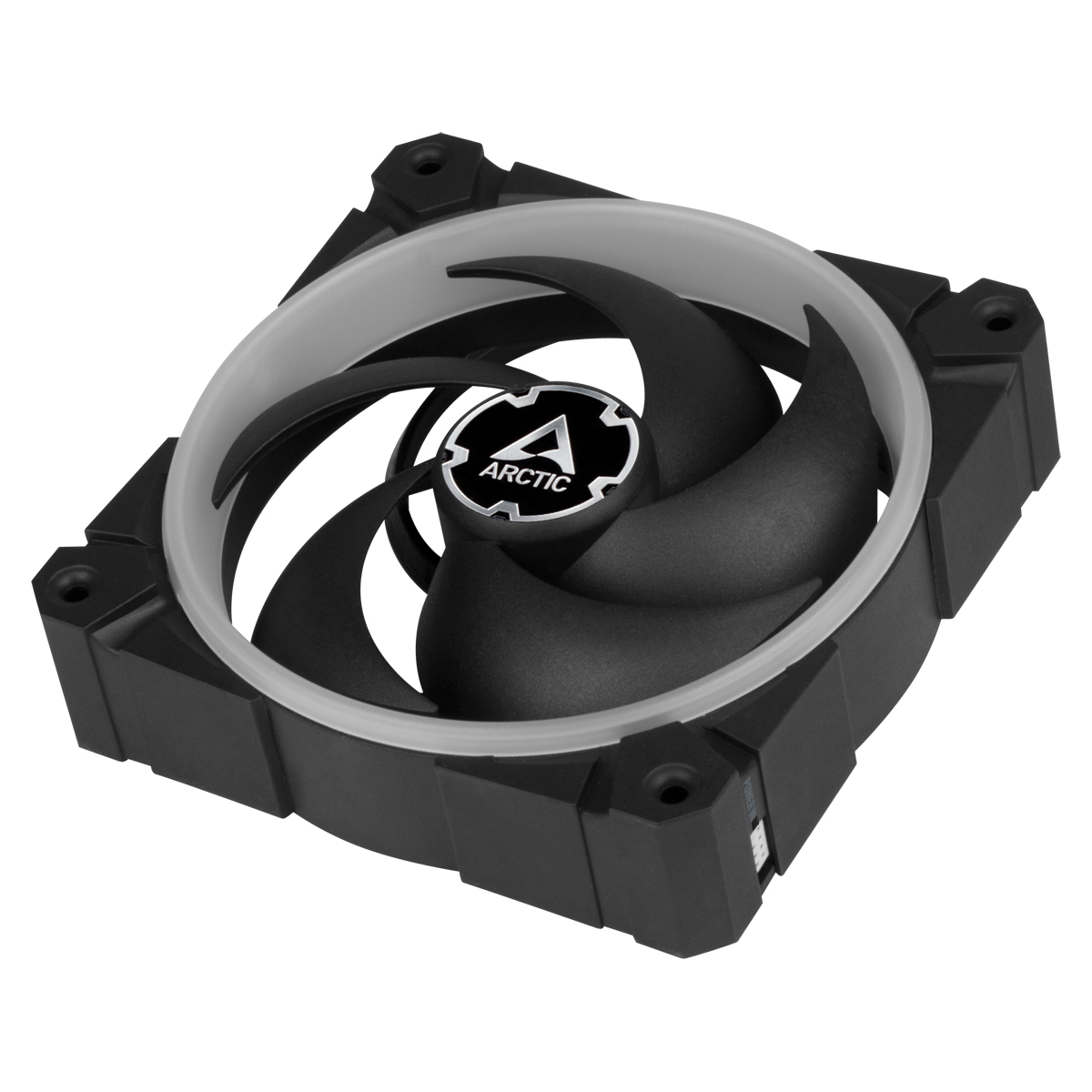 Ventilateur d'ordinateur noir avec anneau blanc et logo Arctic.