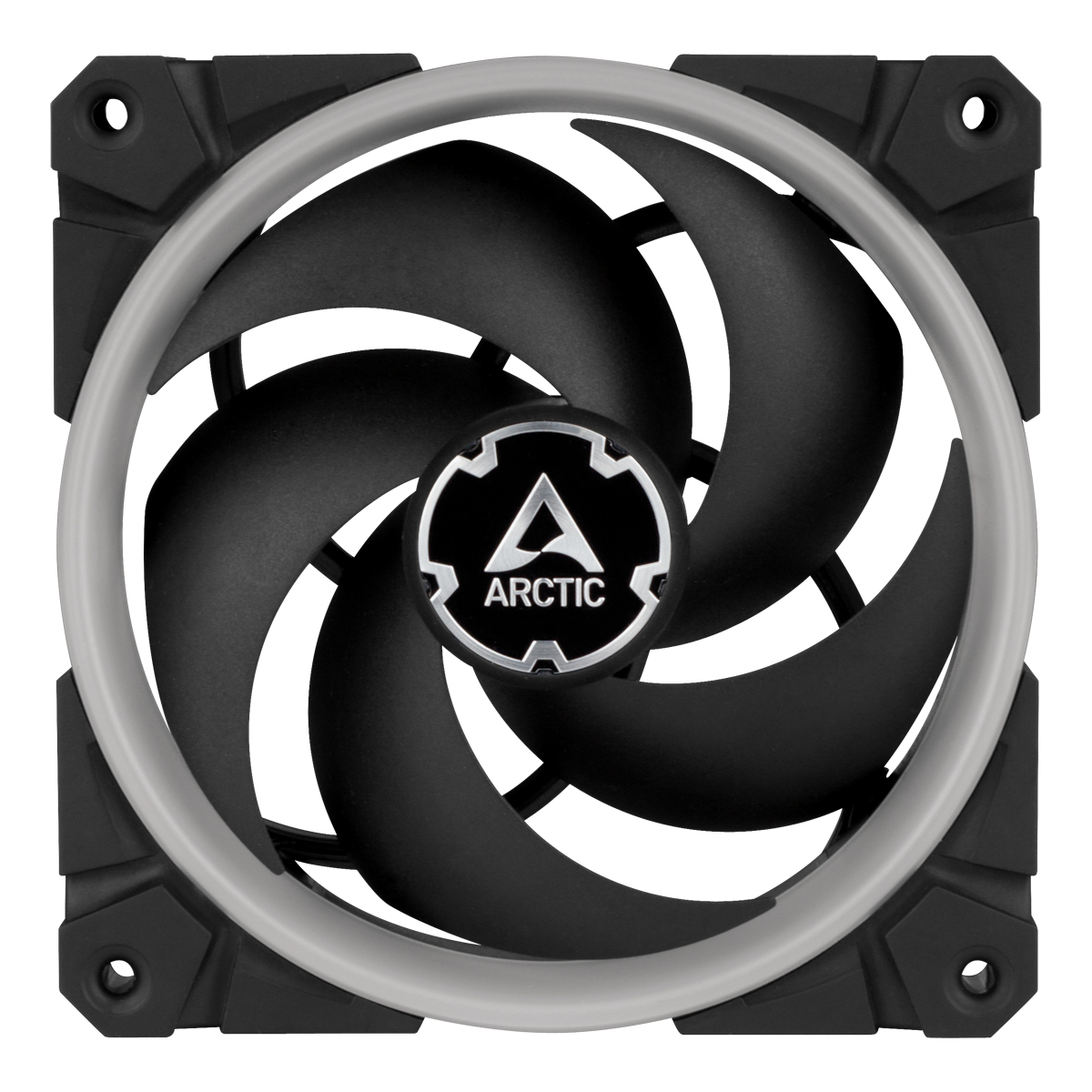 Un ventilateur d'ordinateur noir avec des pales noires et un anneau de couleur claire autour du bord.