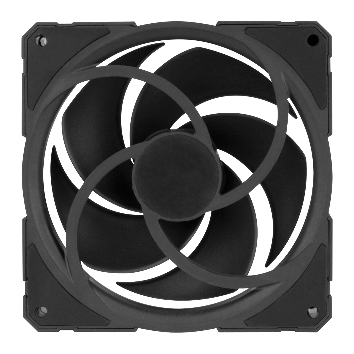 Ventilateur d'ordinateur noir. Les pales du ventilateur sont incurvées. Cadre noir avec trous de vis. Fond blanc.