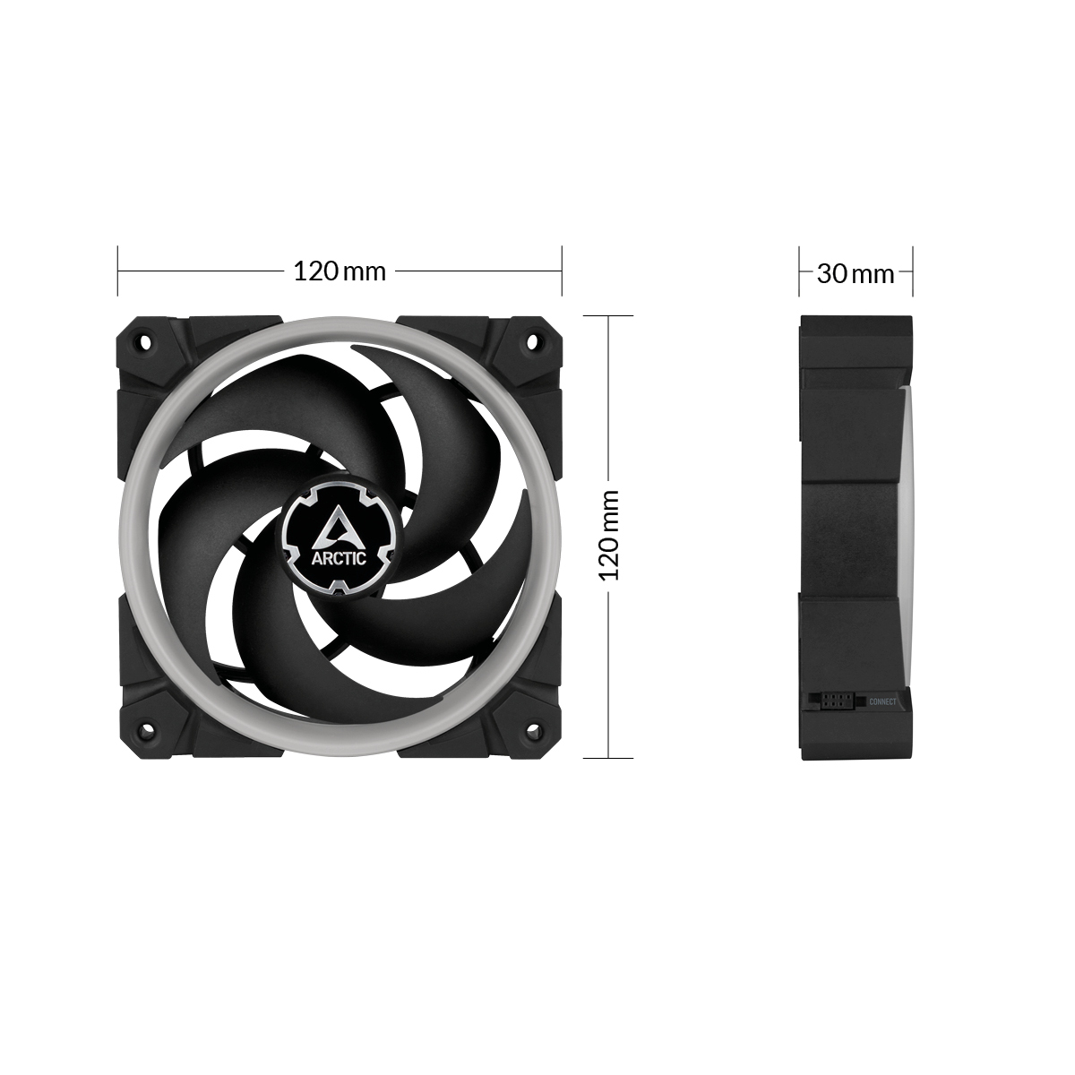 Ventilateur d'ordinateur noir avec dimensions et logo ARCTIC sur fond blanc.