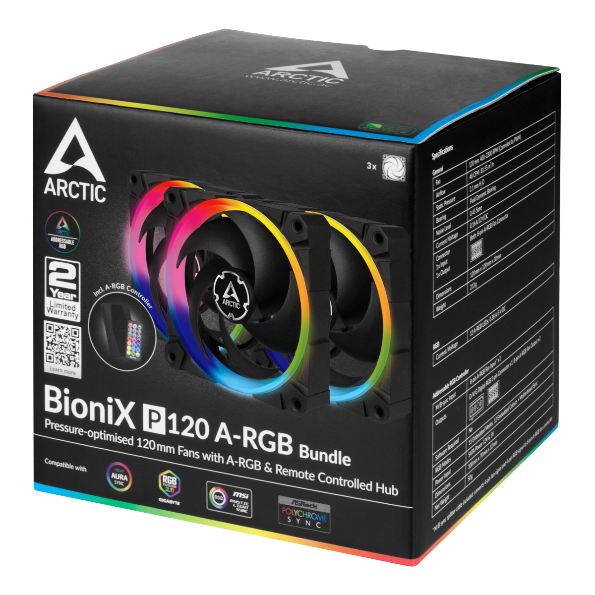 Boîte de ventilateurs d'ordinateur avec lumières RGB, marque ARCTIC et info produit.