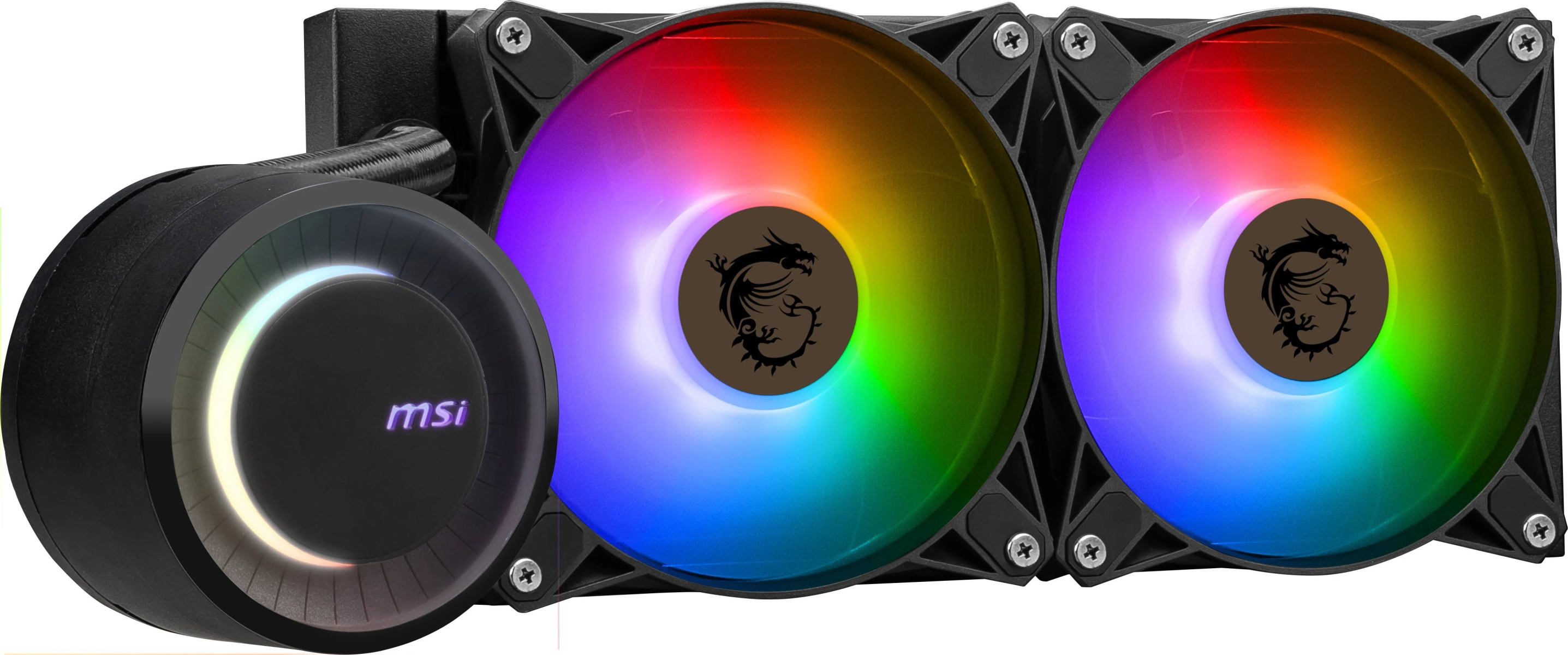 System chłodzenia komputera z dwoma wentylatorami i czarną pompą z logo MSI.