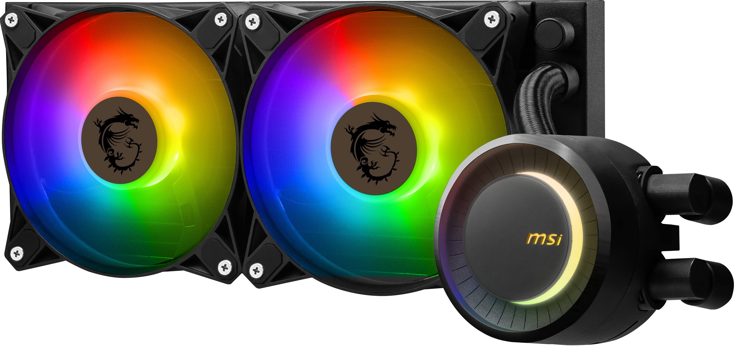 Chłodnica do komputera z dwoma wentylatorami. Wentylatory są czarne z podświetleniem RGB i logo MSI.