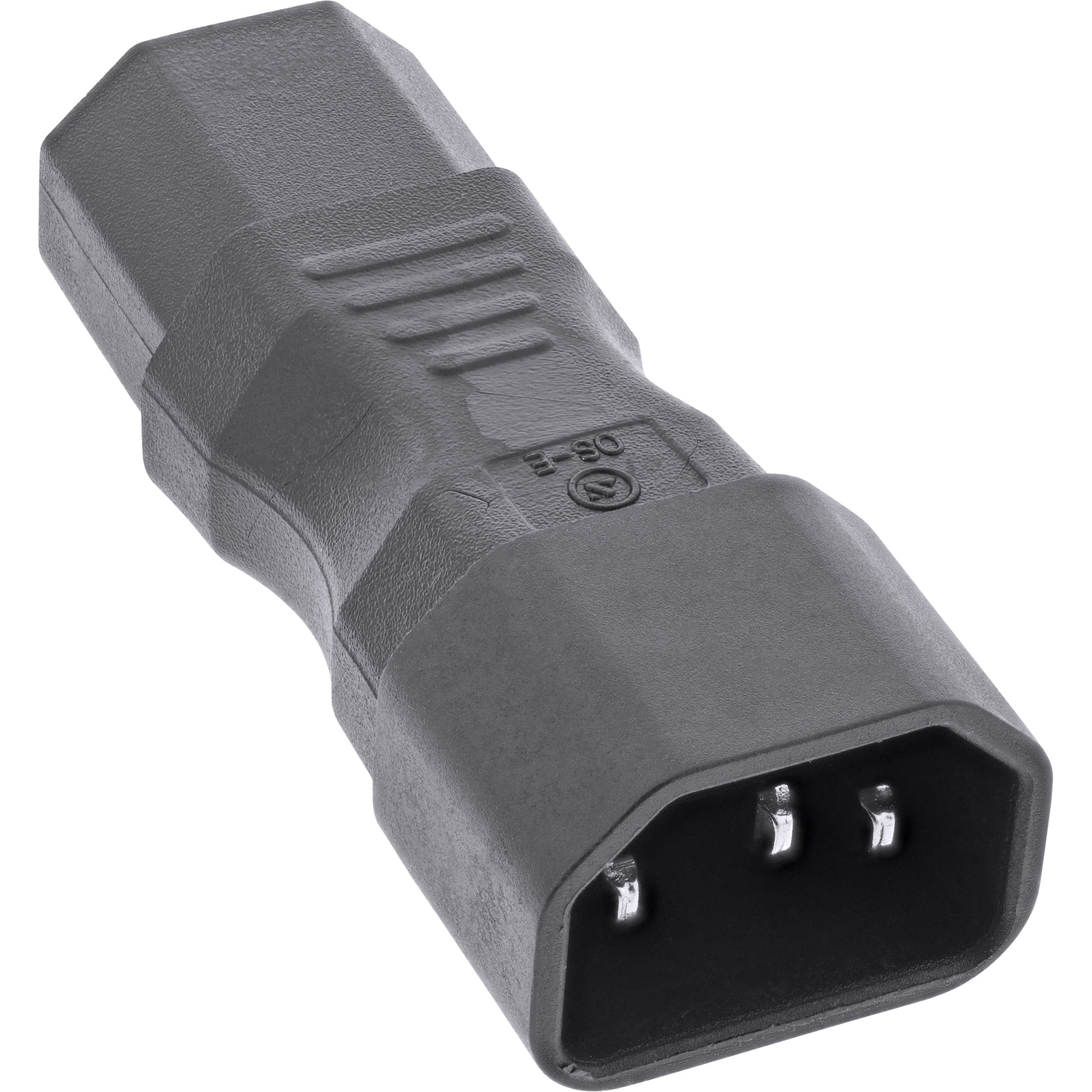 Adaptador de corriente gris oscuro con tres clavijas.