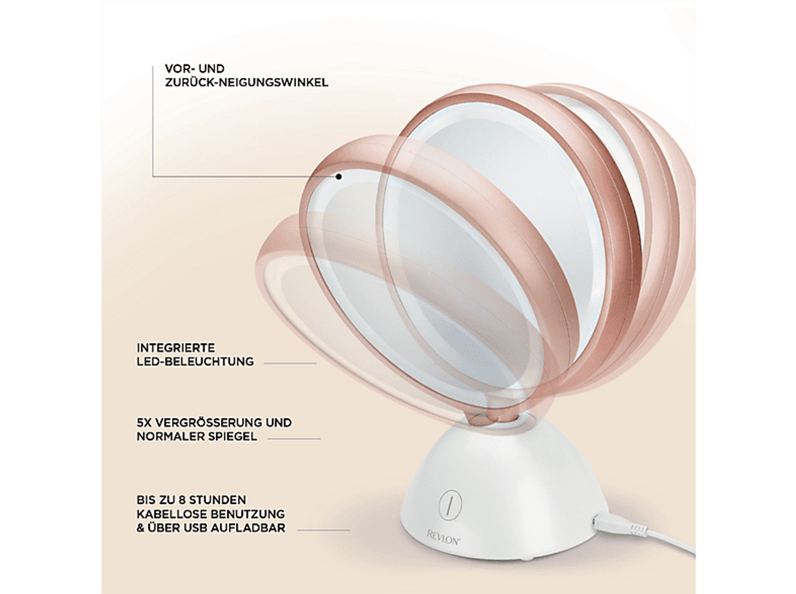 Ein weißer und roségoldener Revlon-Spiegel mit rotierender Oberfläche und integrierter LED-Beleuchtung.