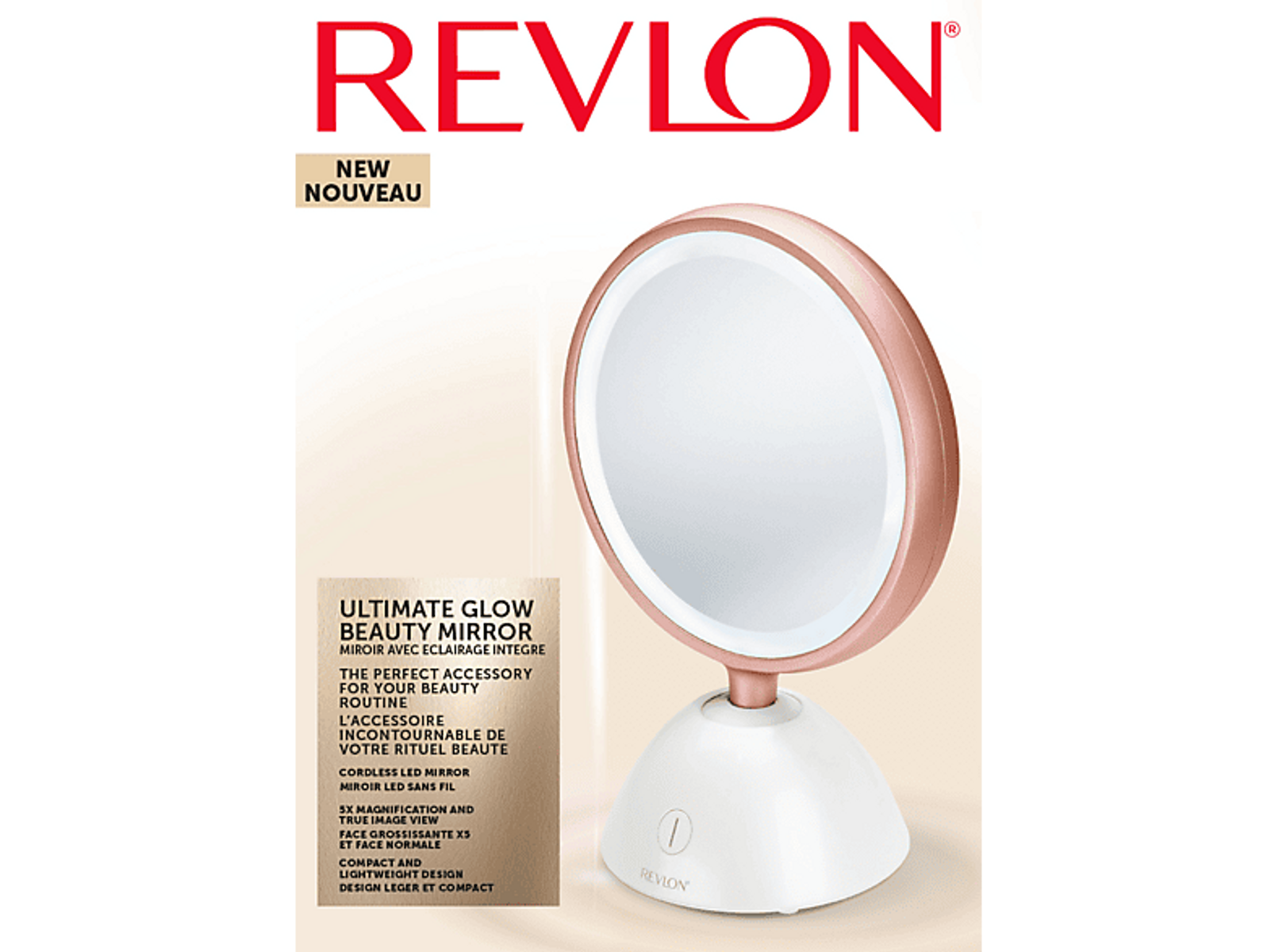 Revlon Kosmetikspiegel mit weißem Sockel und roségoldfarbenem Rand.