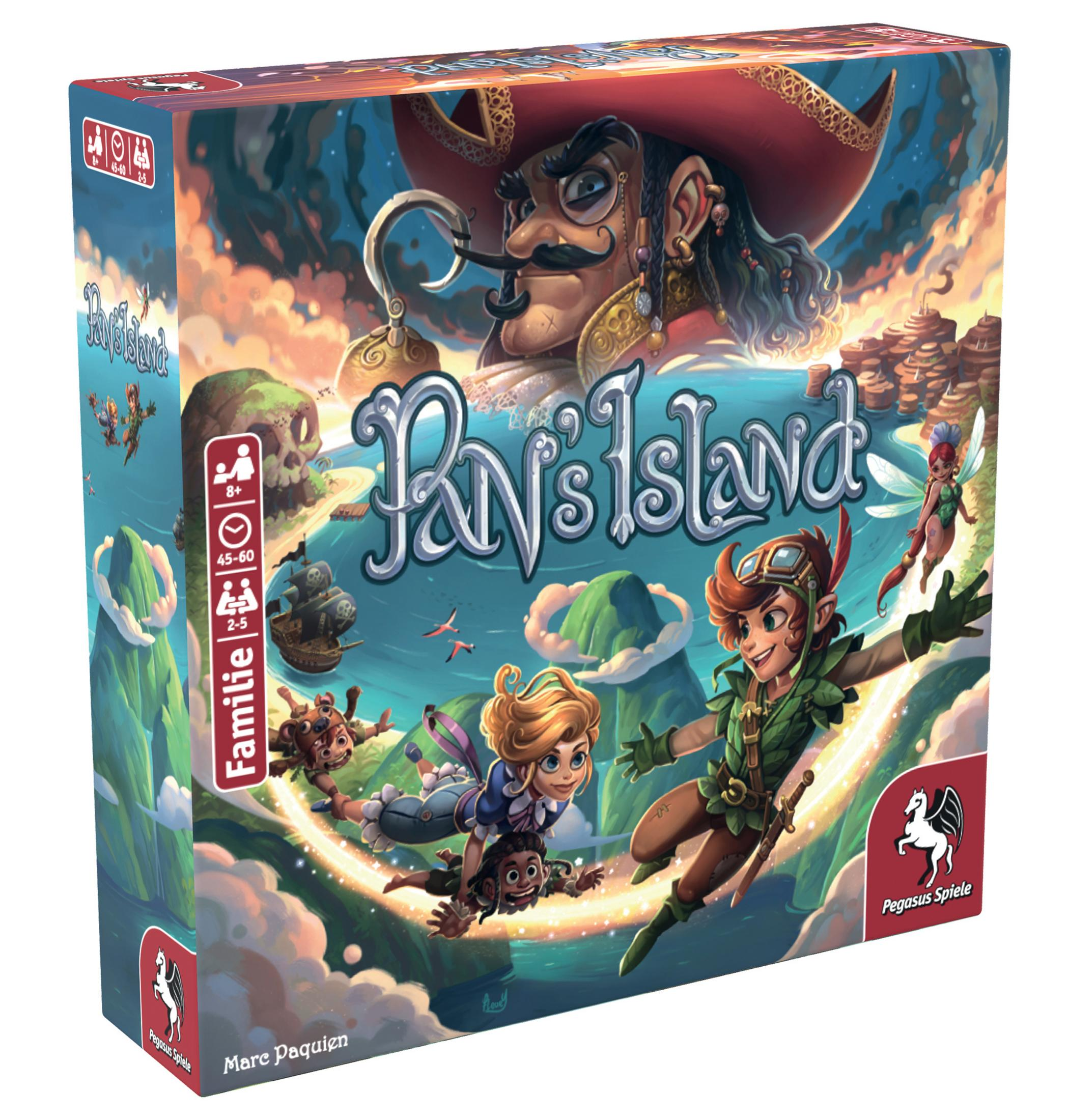 Spielbox für Pan's Island mit Bildern von Charakteren und dem Titel des Spiels. Box steht auf einem Tisch.