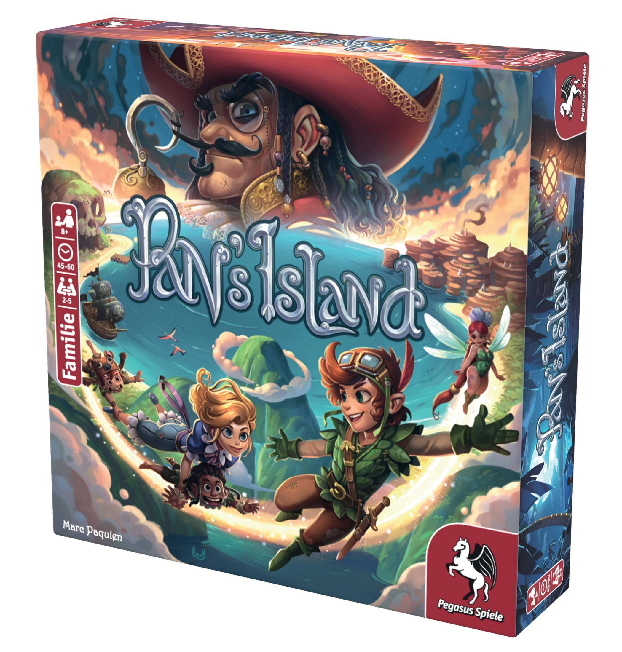Brettspielkasten: Peter Pans Insel. Charaktere und Inselszenen sind illustriert.