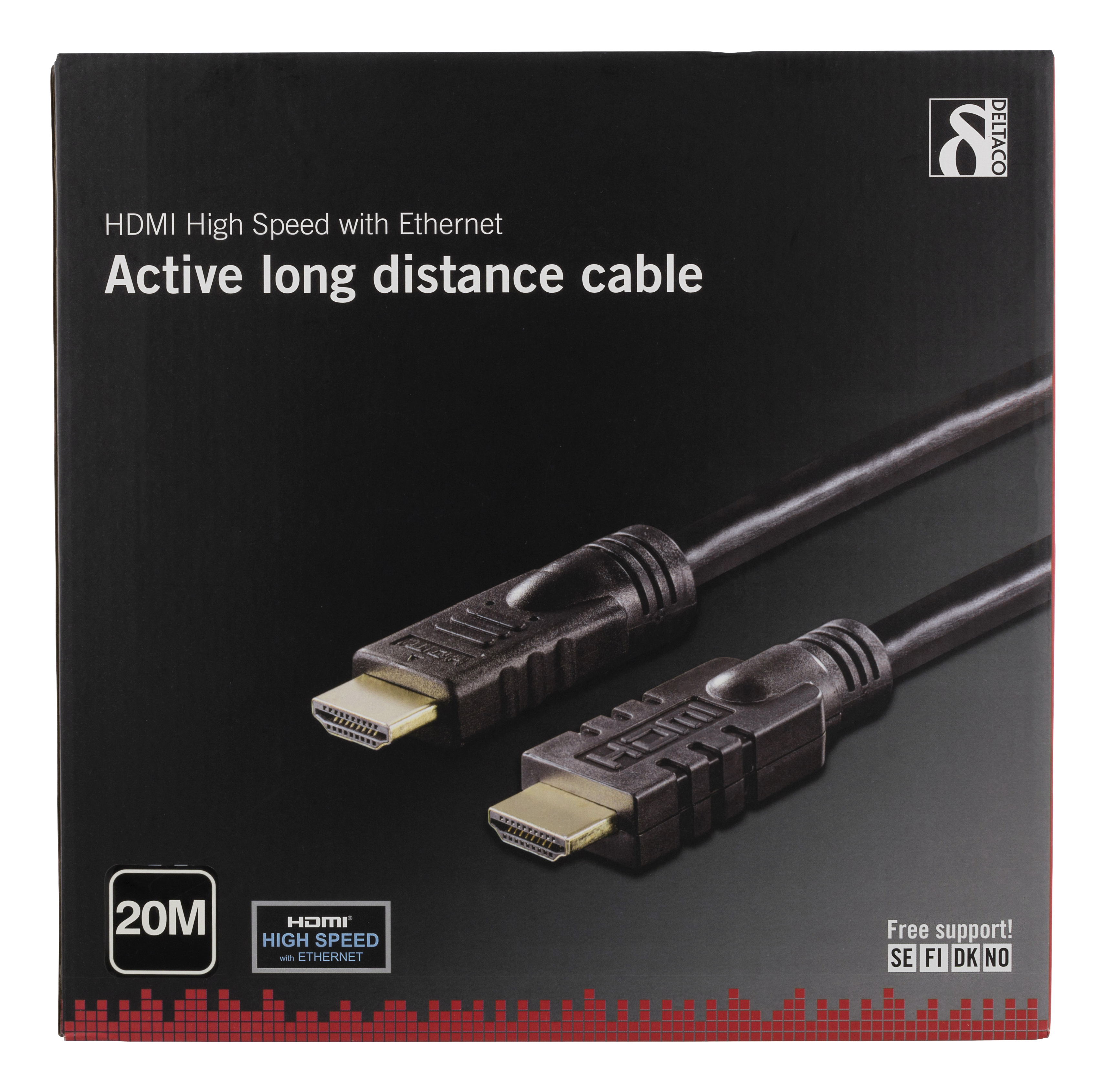 HDMI-kabeldoos. De doos zegt HDMI High Speed with Ethernet en 20M.