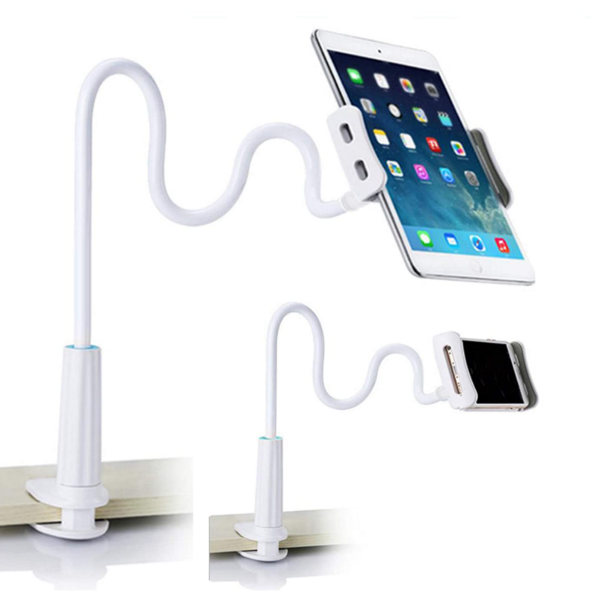 Weißer, flexibler Telefonhalter mit Klemmfuß, der ein Tablet und ein Smartphone hält.