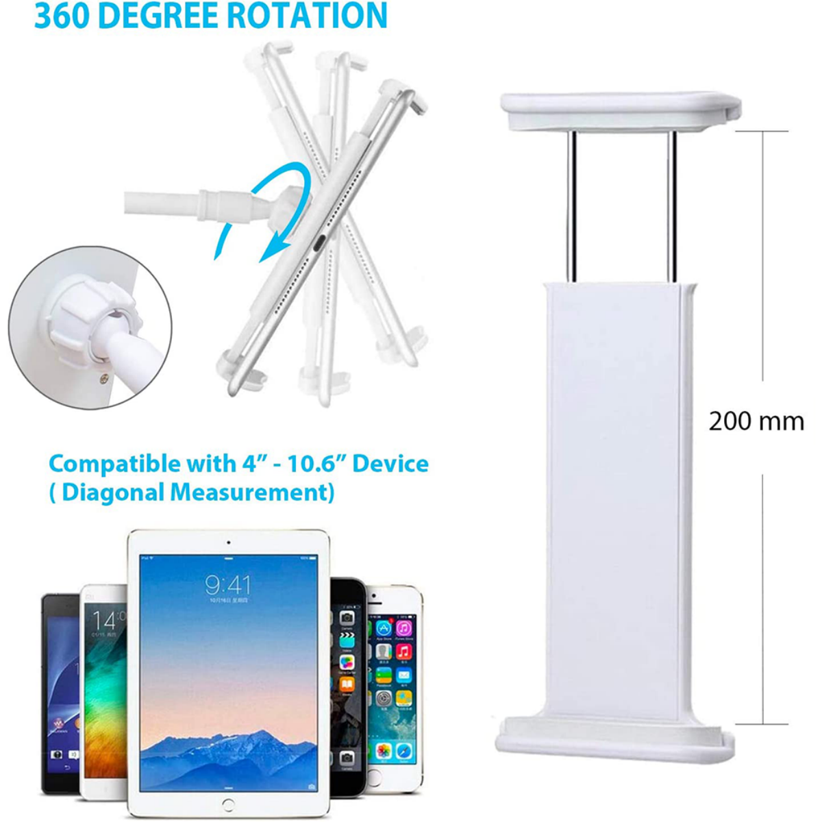 Weißer Tablet-Ständer mit Tablet und Telefonen. Diagramme zeigen 360°-Drehung und Gerätekompatibilität.
