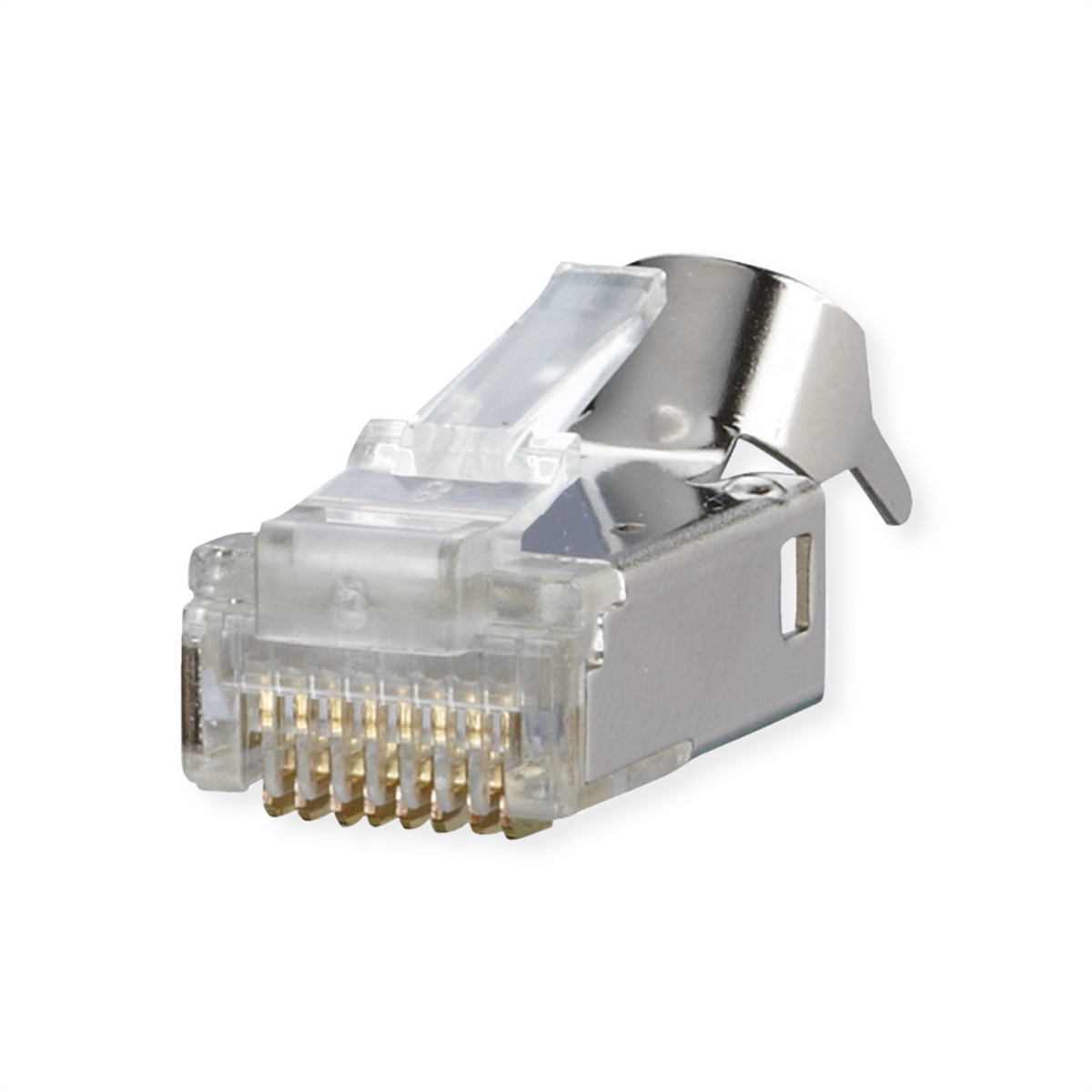 RJ45-Stecker. Klarer Kunststoff, silbernes Metallgehäuse, goldene Pins, weißer Hintergrund.