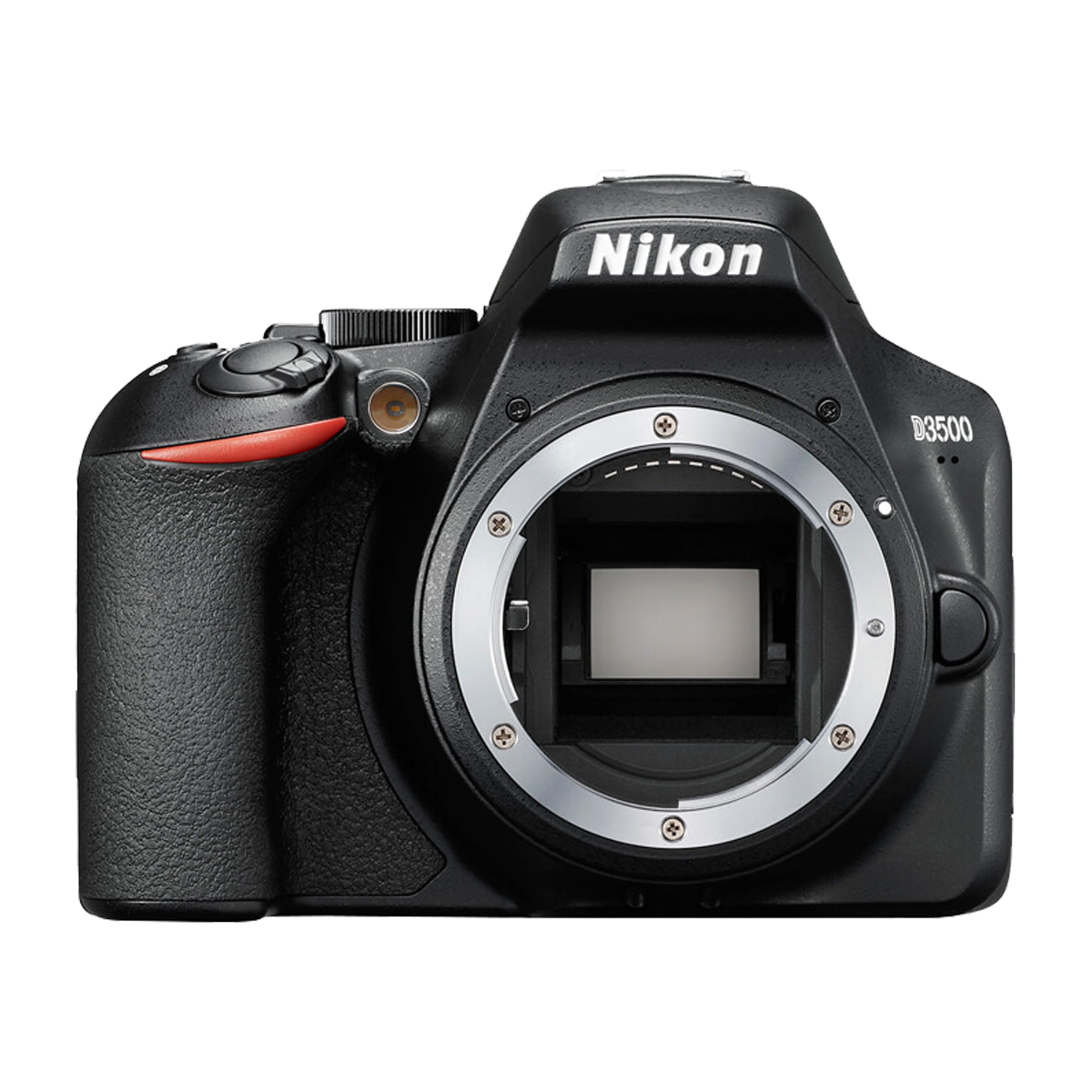 Schwarze Nikon D3500 Kamera. Sie hat einen silbernen Objektivanschluss und einen roten Akzent.