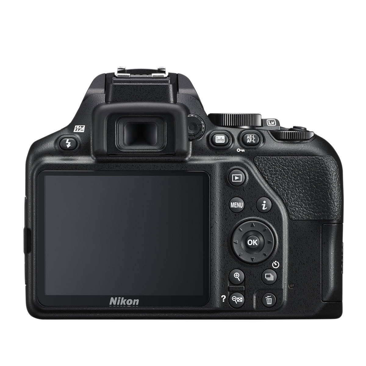 Eine schwarze Nikon DSLR-Kamera mit schwarzem Bildschirm. Die Kamera hat Knöpfe und Drehregler.