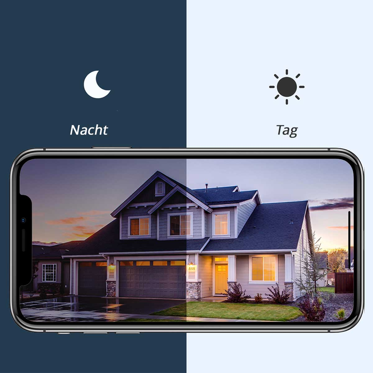Telefon mit Haus in Tag- und Nachtmodus, zur Veranschaulichung der Sicherheitsfunktionen.