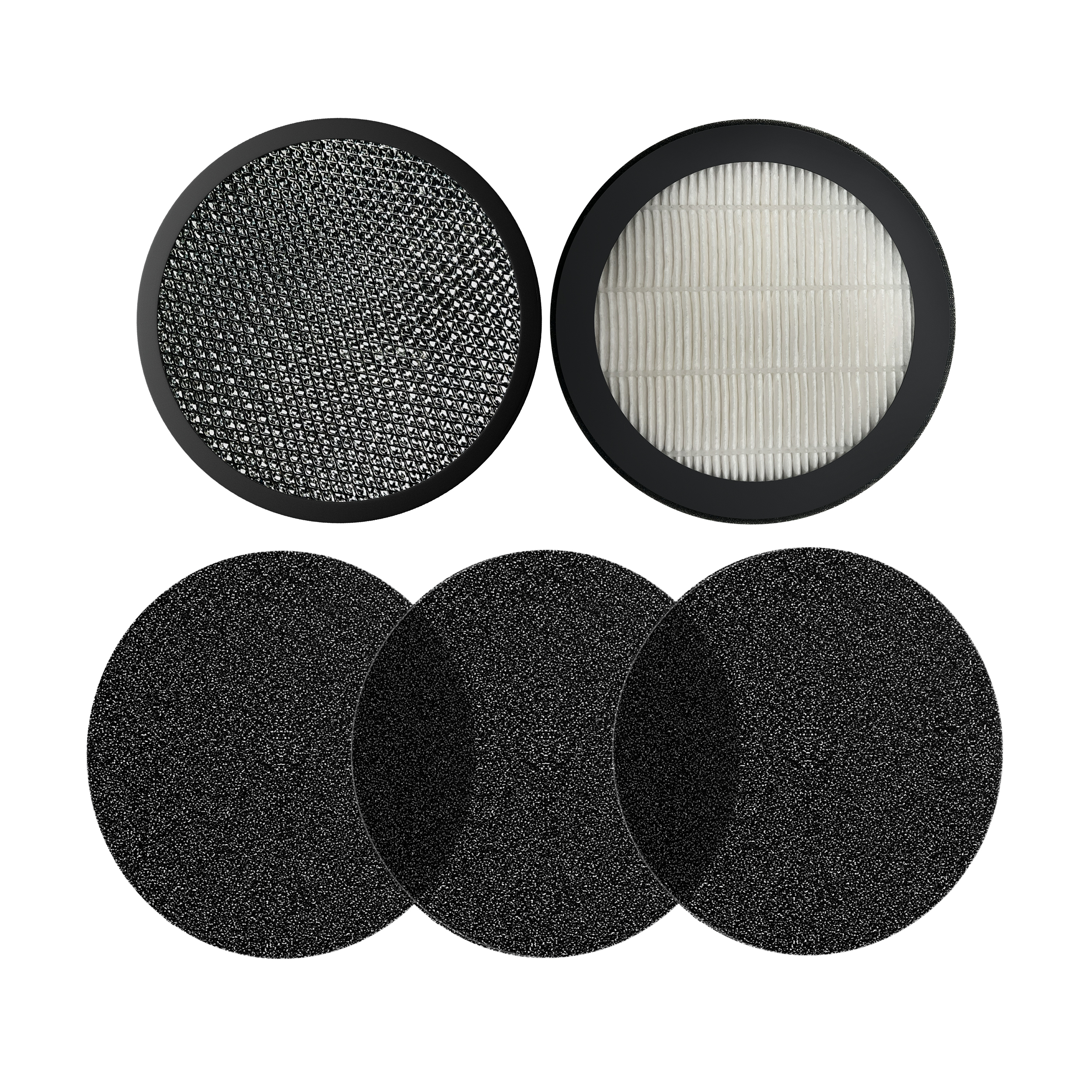 Luftfilter. Zwei schwarze runde Filter und drei schwarze runde Schwammfilter.