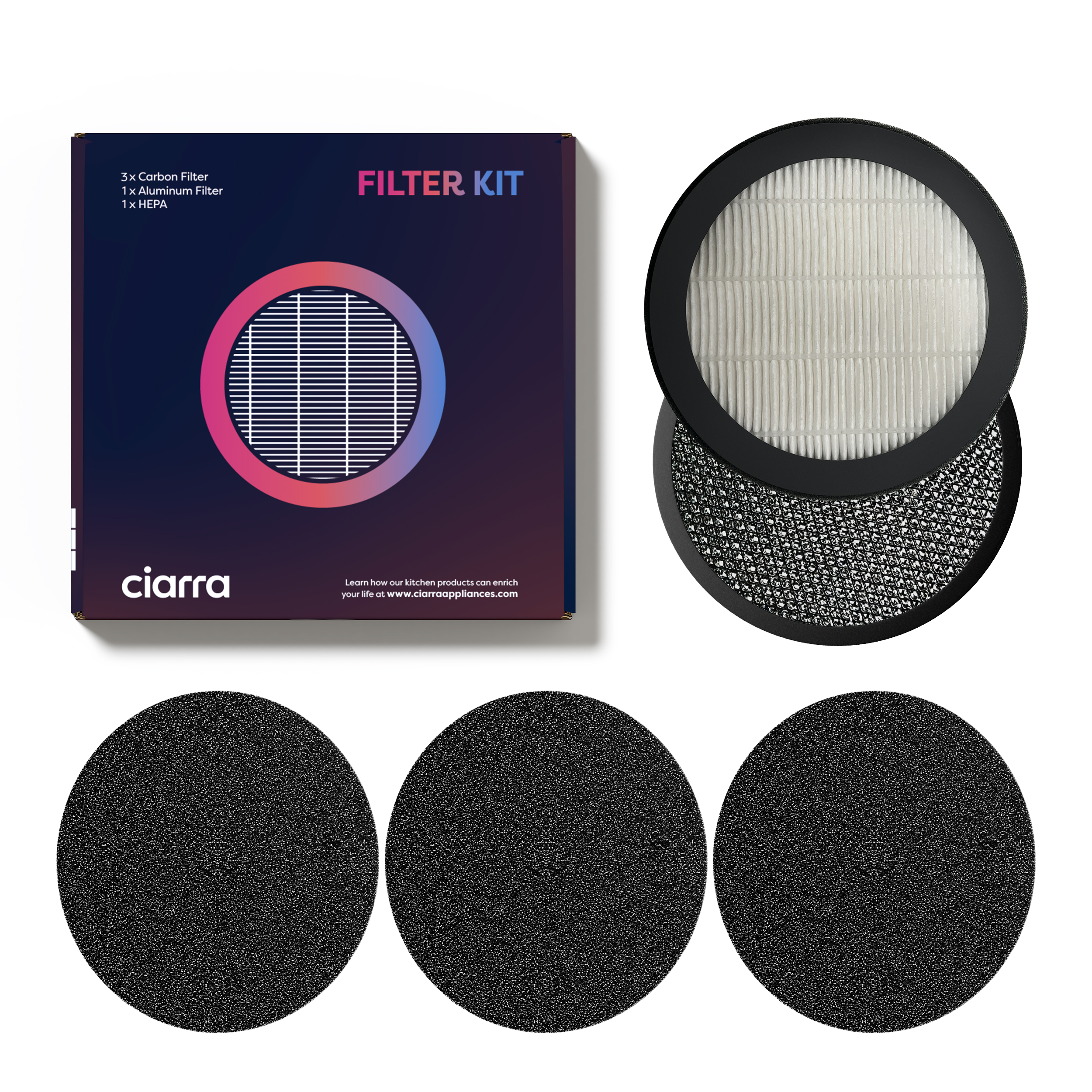Filter-Kit-Box und Filterteile. Eine Box, 3 Kohlefilter, 1 Aluminiumfilter und 1 HEPA-Filter.