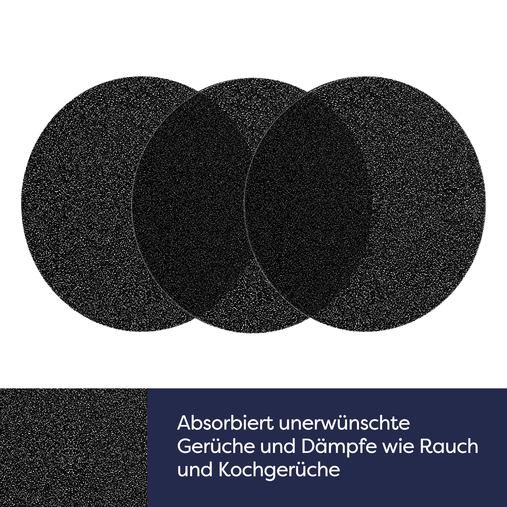 Drei schwarze runde Filterpads auf weißem Hintergrund mit Text.