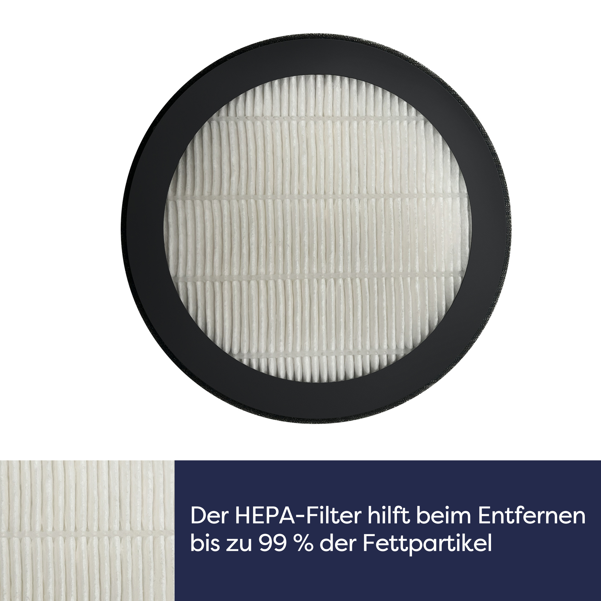 Weißer HEPA-Filter in schwarzem Rahmen. Zeigt die Filterstruktur, mit Text zur Entfernung von Fettpartikeln.