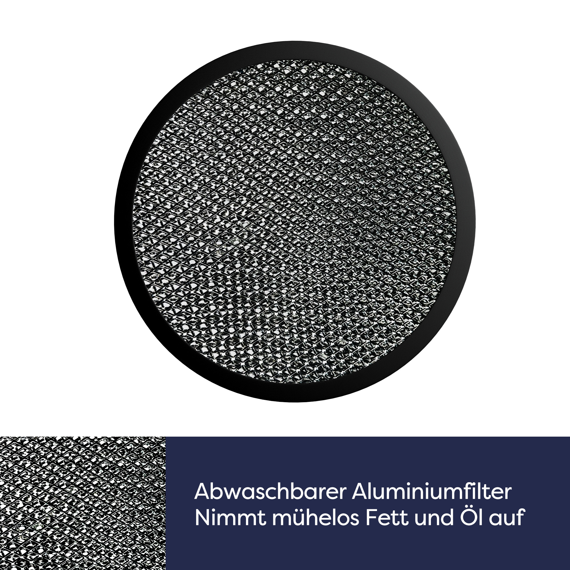 Schwarzer runder Filter mit Metallgittermuster, weißer Hintergrund.