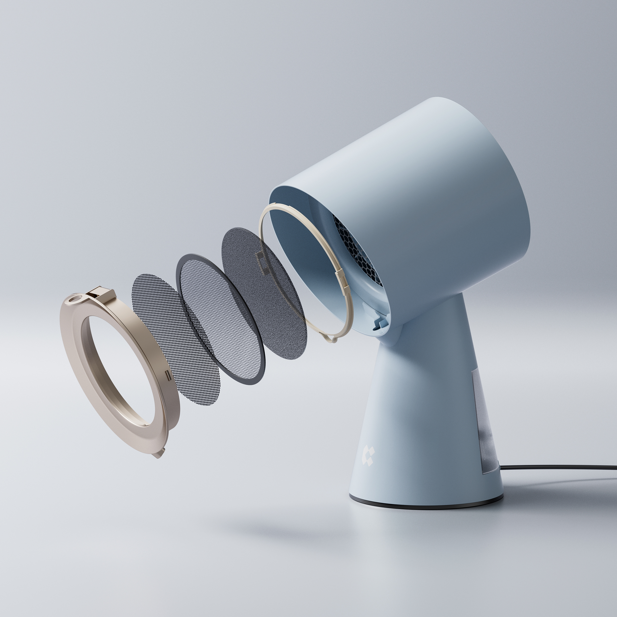 Ventilatore blu e beige con parti smontate, che mostrano i filtri, su sfondo grigio chiaro.