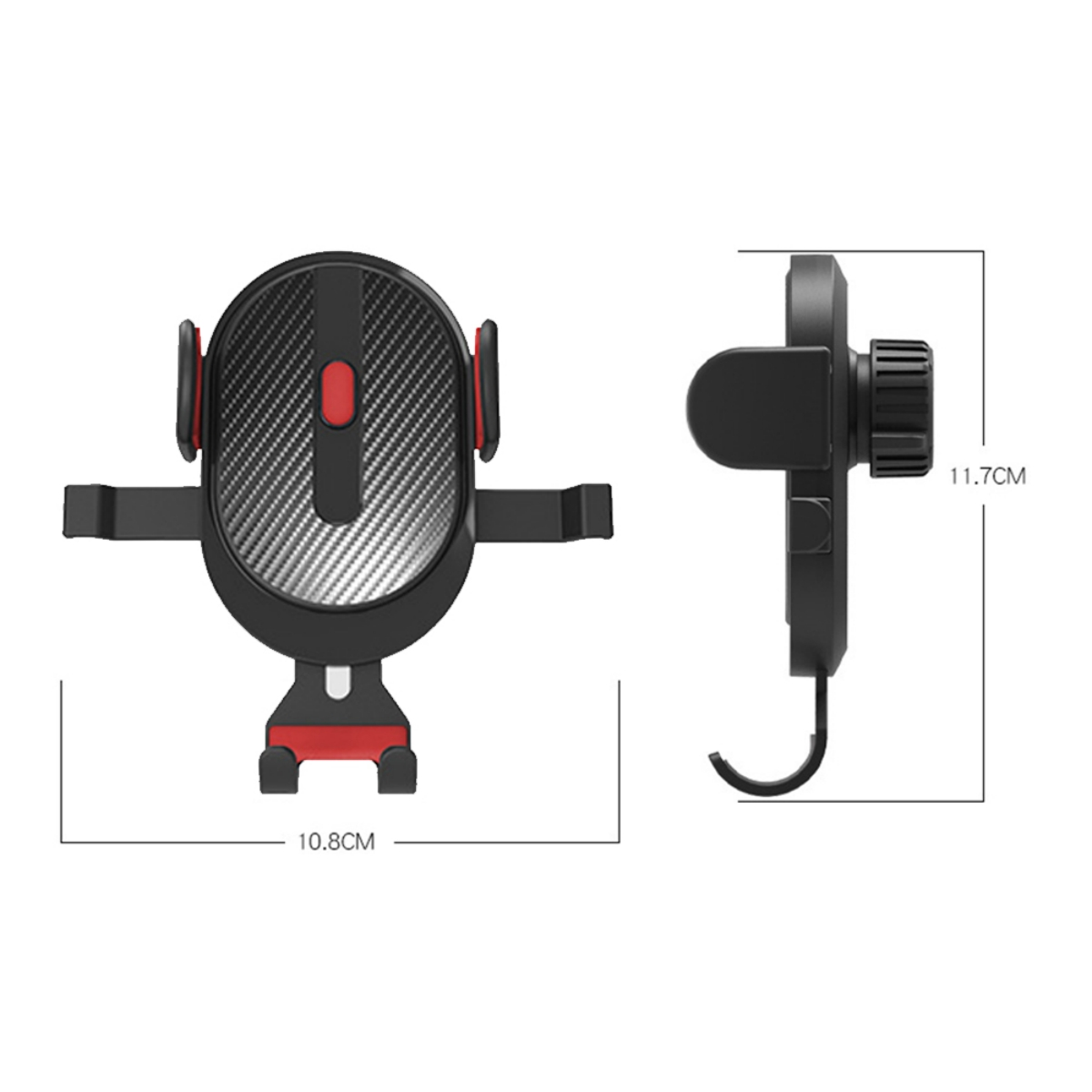 Schwarzer und roter Autotelefonhalter mit Abmessungen. Hat ein Kohlefaserdesign.