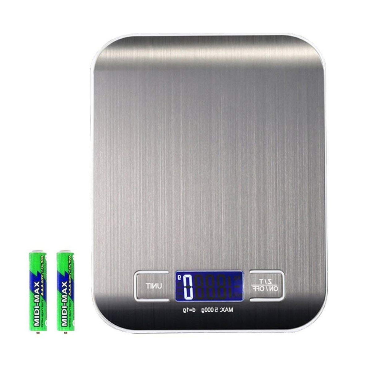 Silberne digitale Küchenwaage mit zwei grünen Batterien und Digitalanzeige '0'.