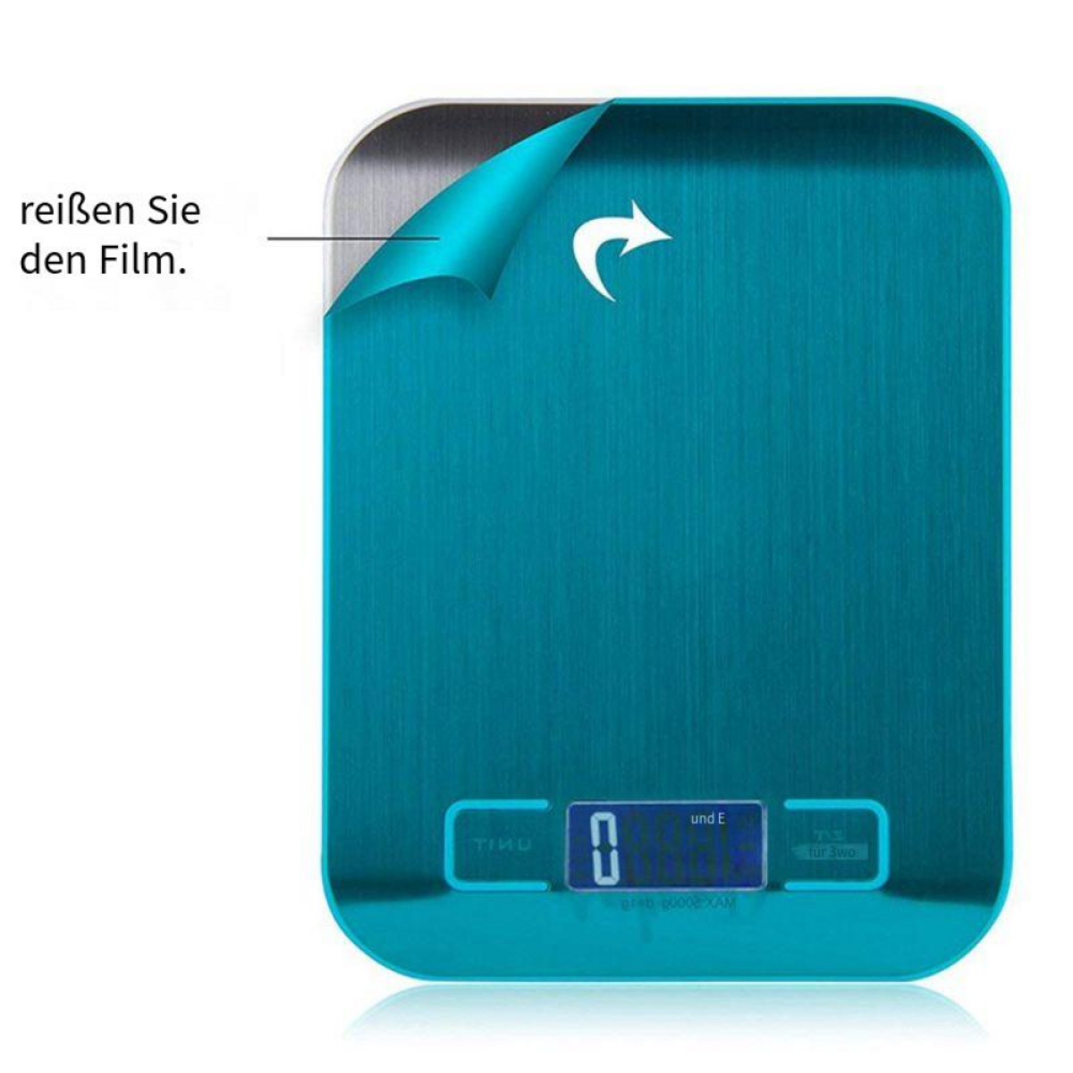 Blaue digitale Küchenwaage mit abgezogener Schutzfolie.