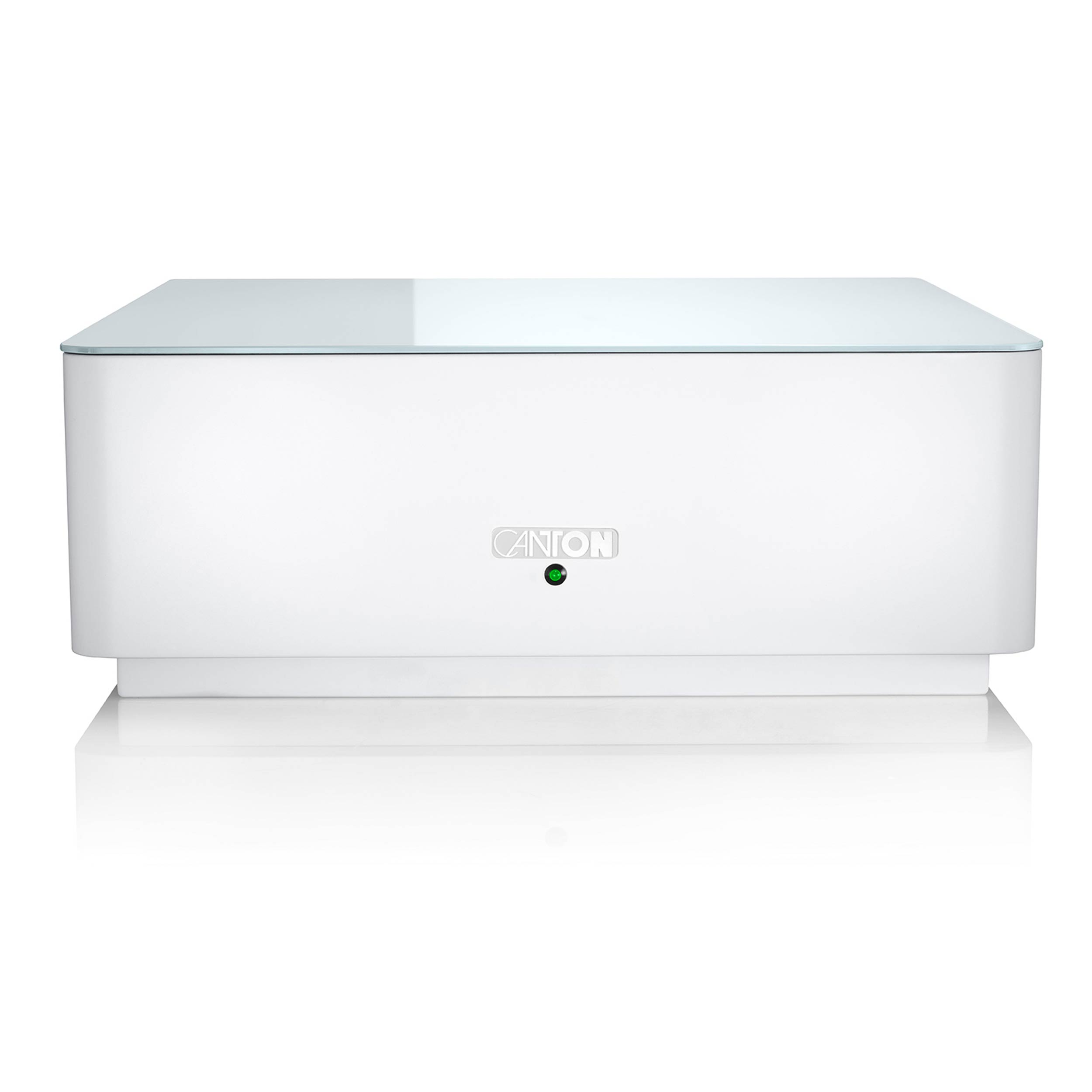 Eine weiße Canton Soundbar. Sie hat eine glänzende Oberseite und ein grünes Kontrolllicht. Auf weißem Hintergrund.