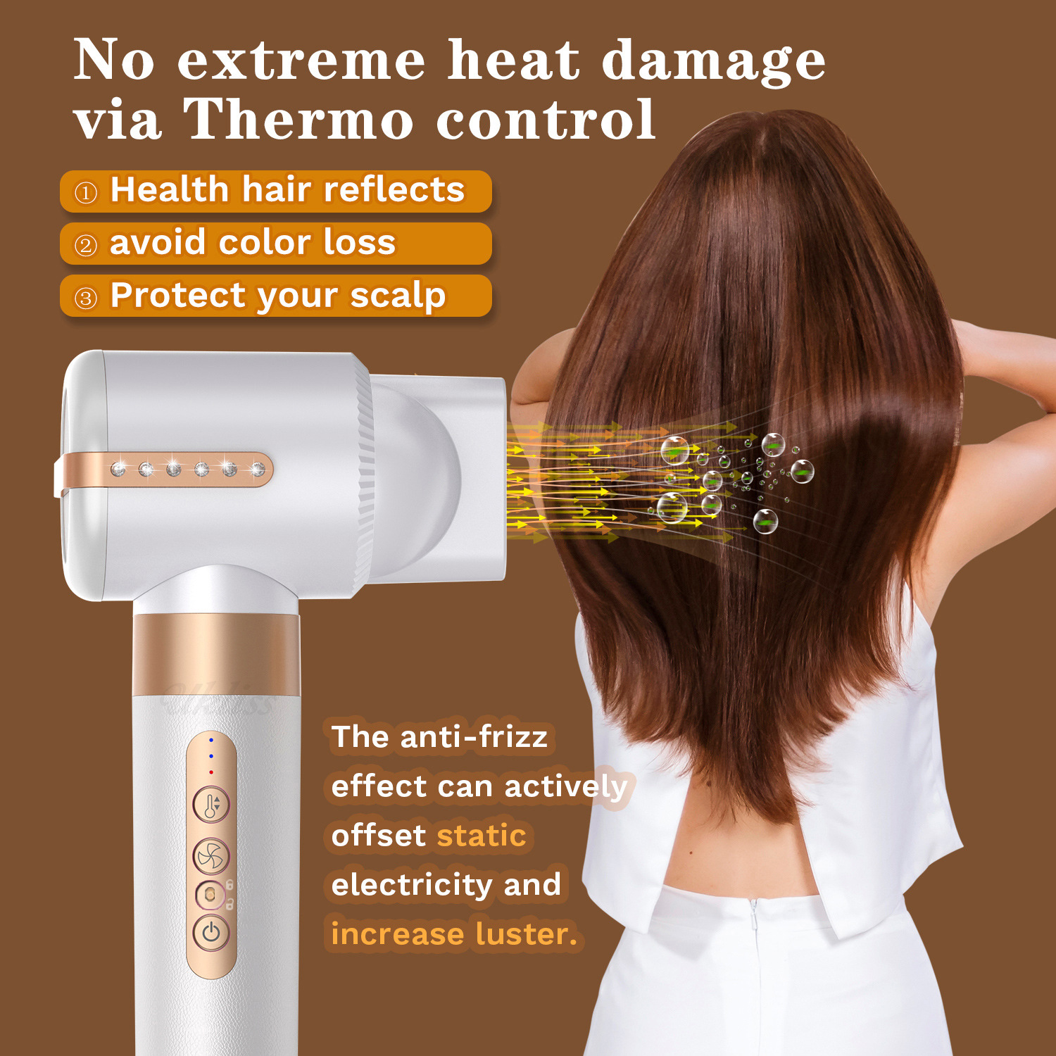 Das Haar einer Frau wird mit einem Haartrockner gestylt. Text hebt Hitze- und Frizz-Kontrolle hervor.
