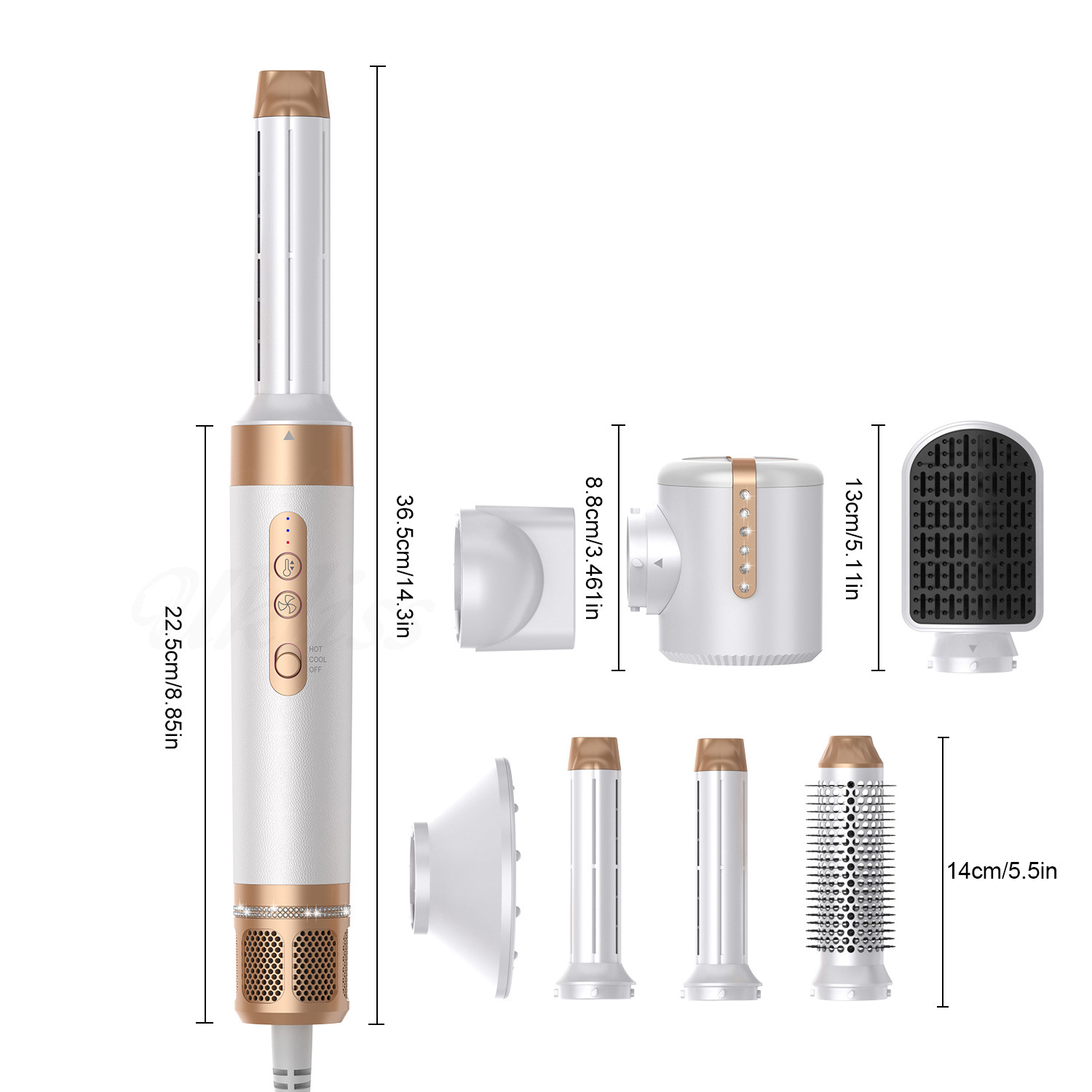 Haarstyler mit mehreren Aufsätzen, weißen und goldenen Details, weißem Hintergrund.