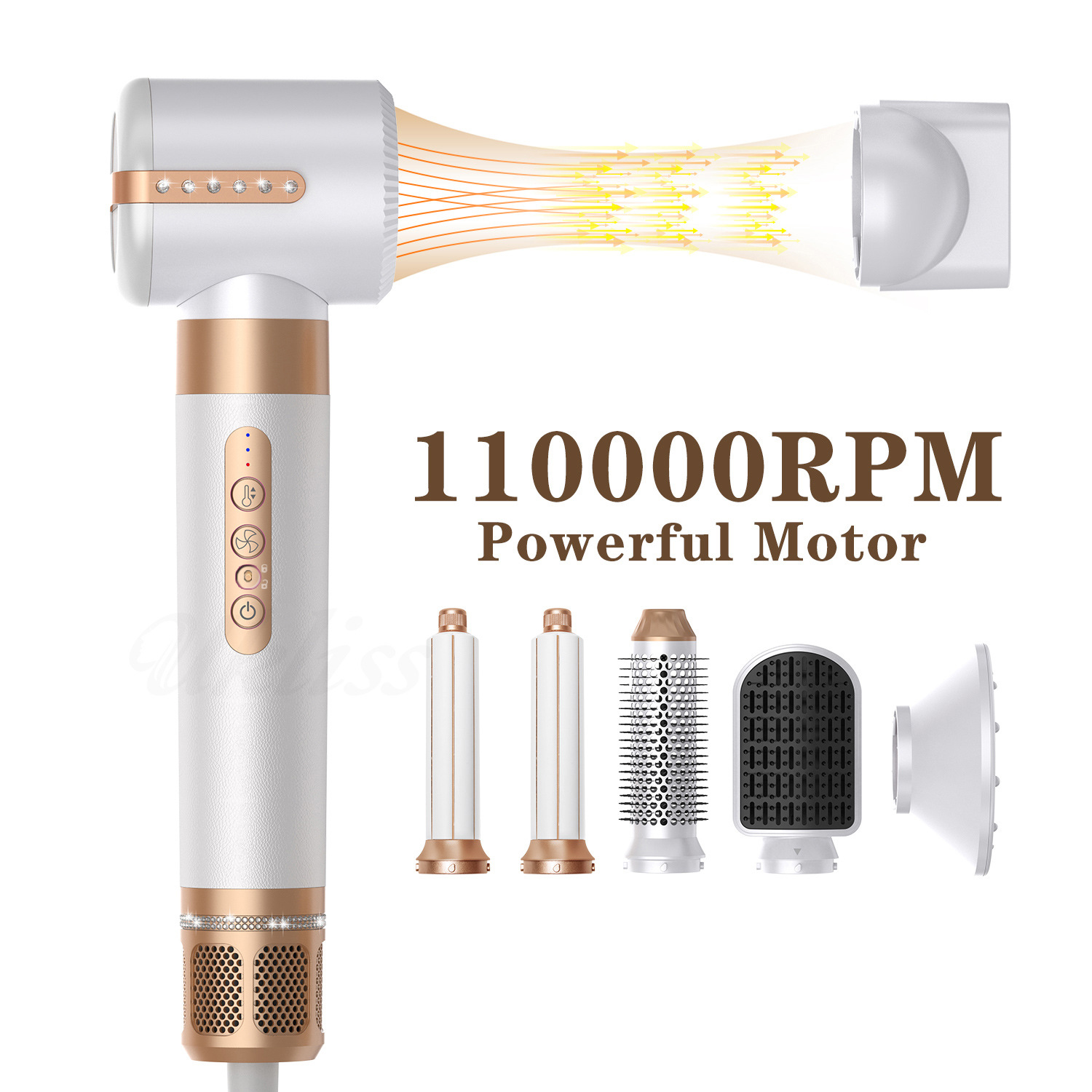 Weißer und goldener Haartrockner mit Aufsätzen und Text: 11000RPM.