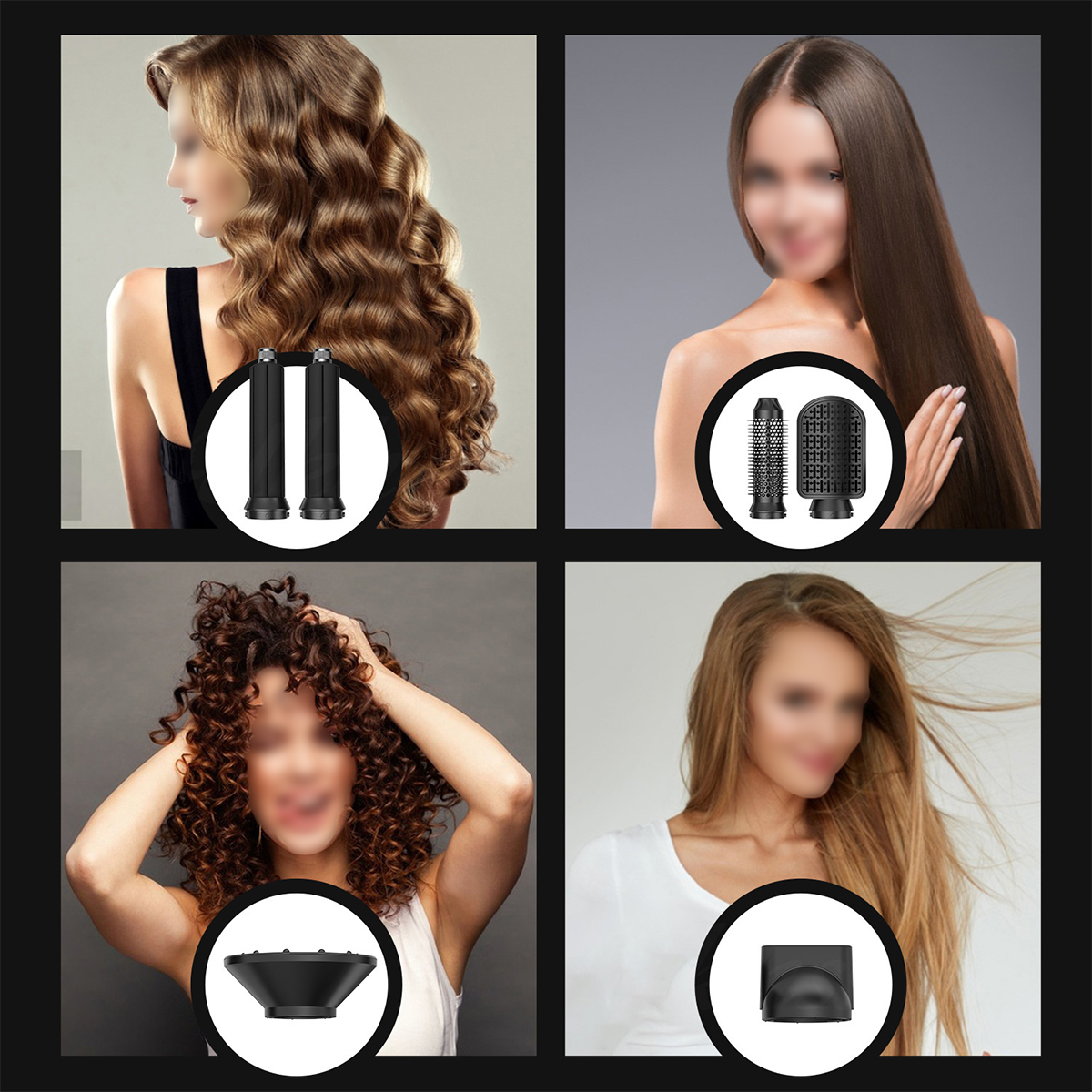 Vier Bilder zeigen verschiedene Frisuren und Haarstyling-Tools.