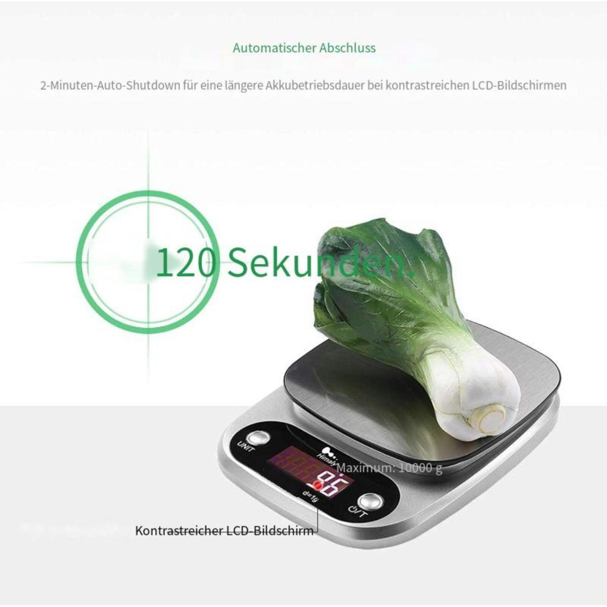Grüner Plastik-Lauch auf einer digitalen Küchenwaage, mit Anzeige von Gewicht und Timer.