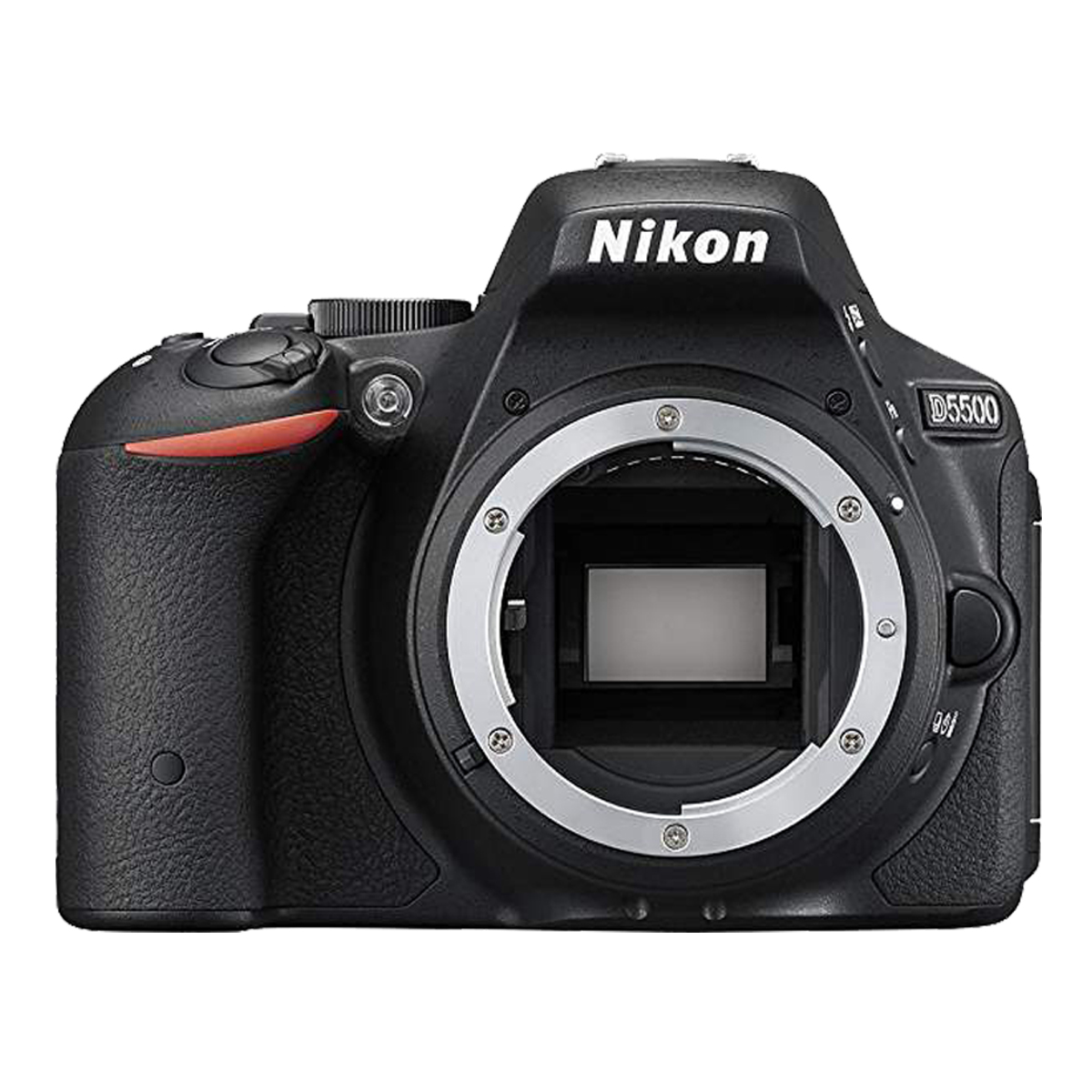 Eine schwarze Nikon D5500 Kamera ohne Objektiv. Sie hat einen roten Akzent und Nikon steht oben.
