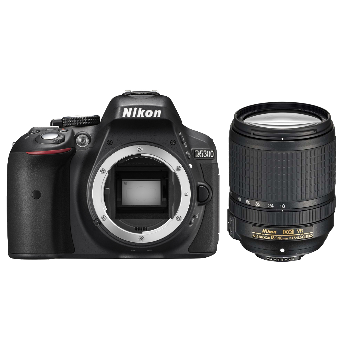 Schwarze Nikon Kamera mit Objektiv. Das Objektiv ist an der Kamera befestigt.