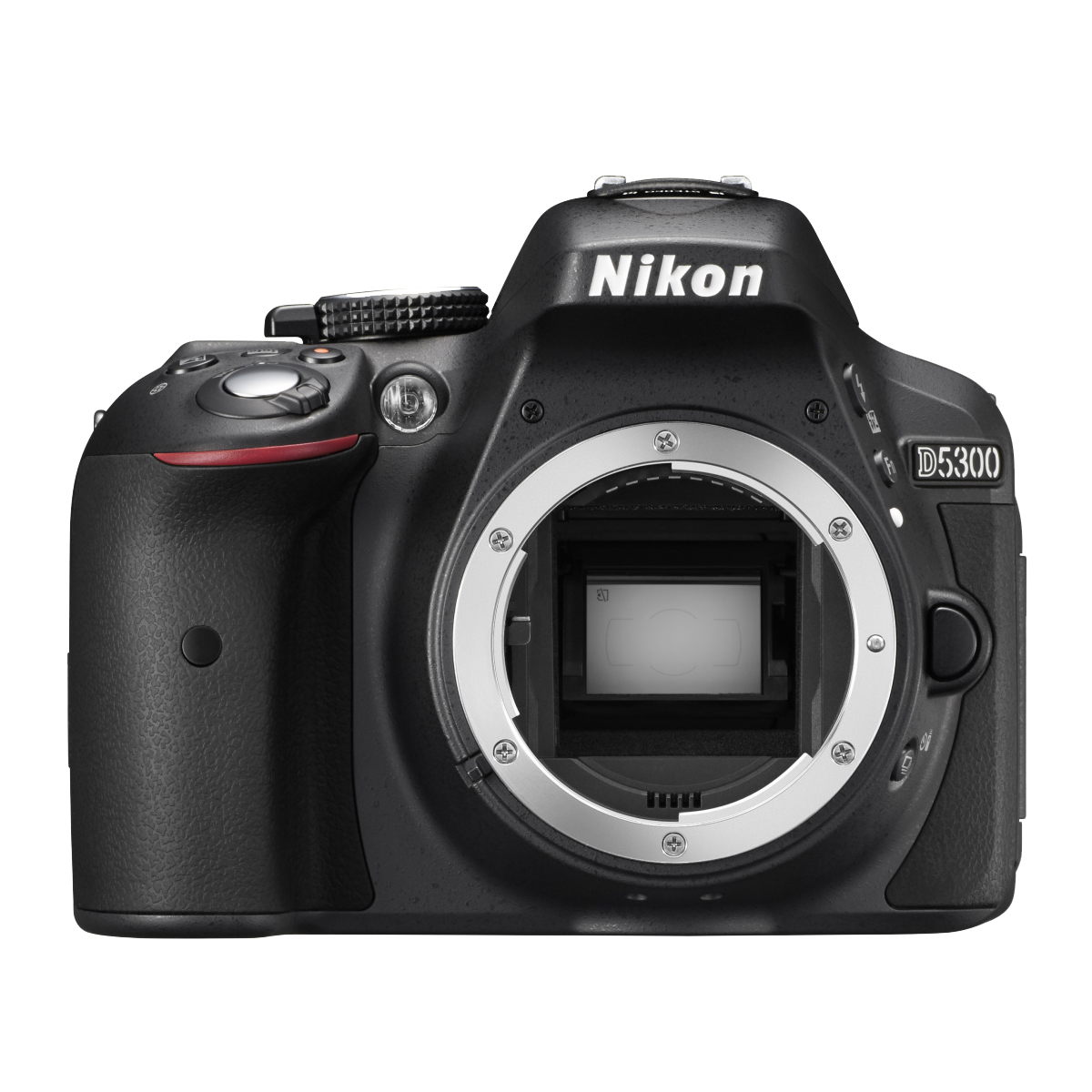 Schwarze Nikon D5300 Kamera auf weißer Oberfläche. Es hat ein Objektiv.
