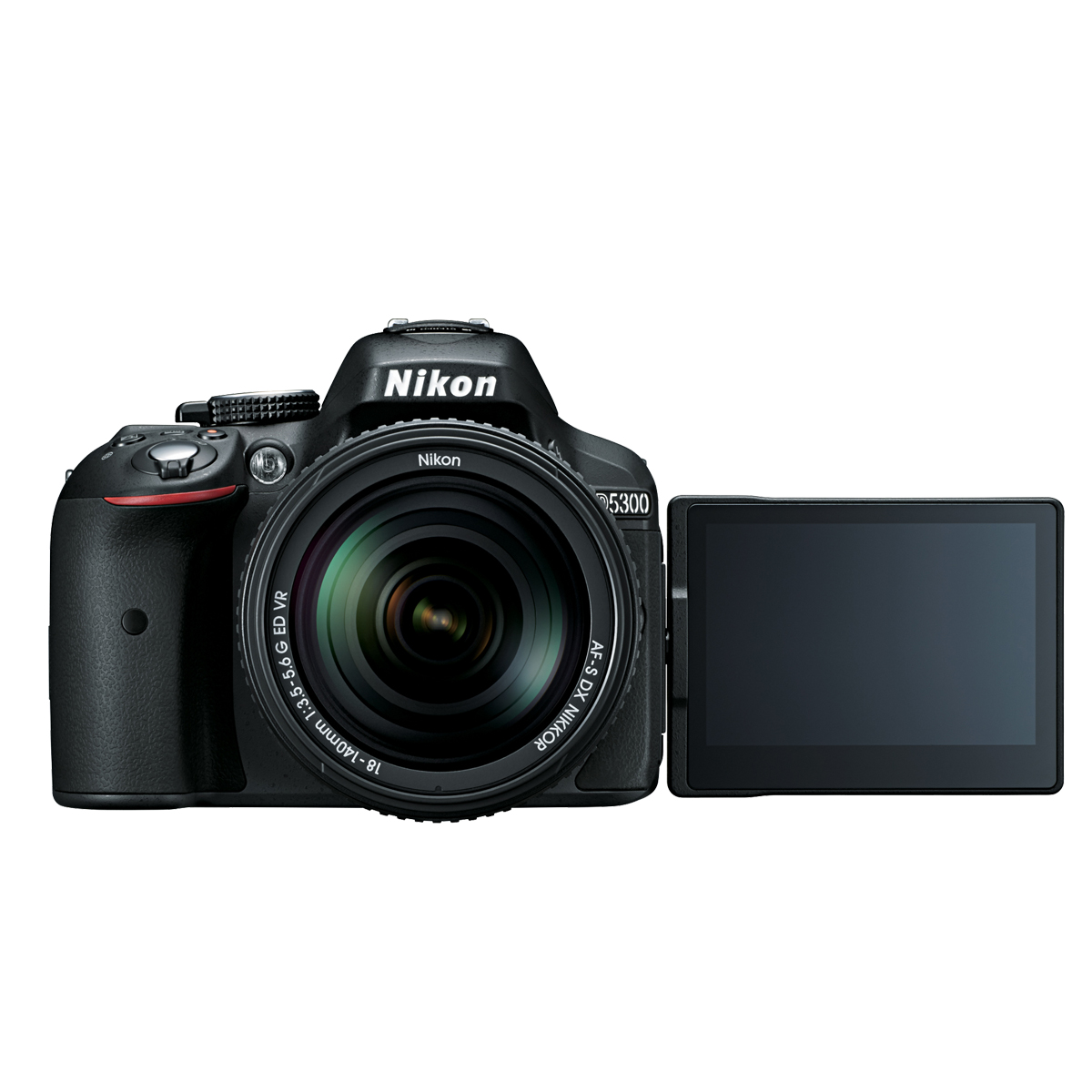 Nikon DSLR-Kamera mit Objektiv, Bildschirm geöffnet, zeigt das Kameradisplay.