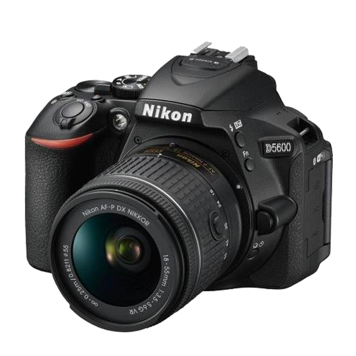 Fotocamera Nikon D5600 nera con obiettivo. L'obiettivo ha un marchio AF-P DX Nikkor.