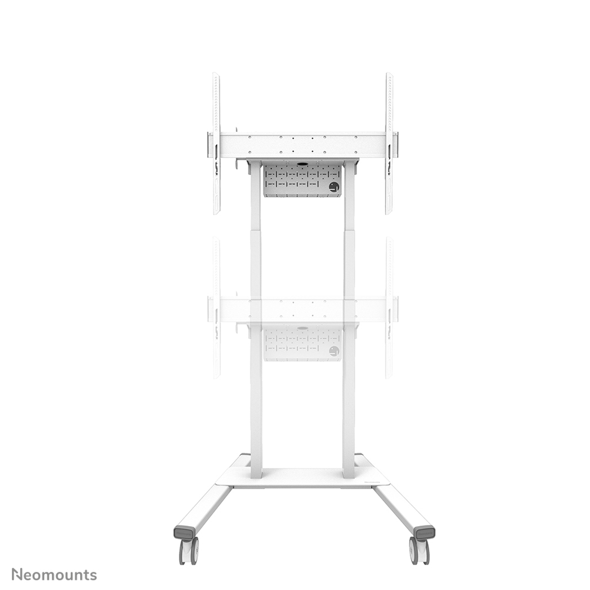 Supporto TV bianco, con due TV, altezza regolabile e sfondo bianco.