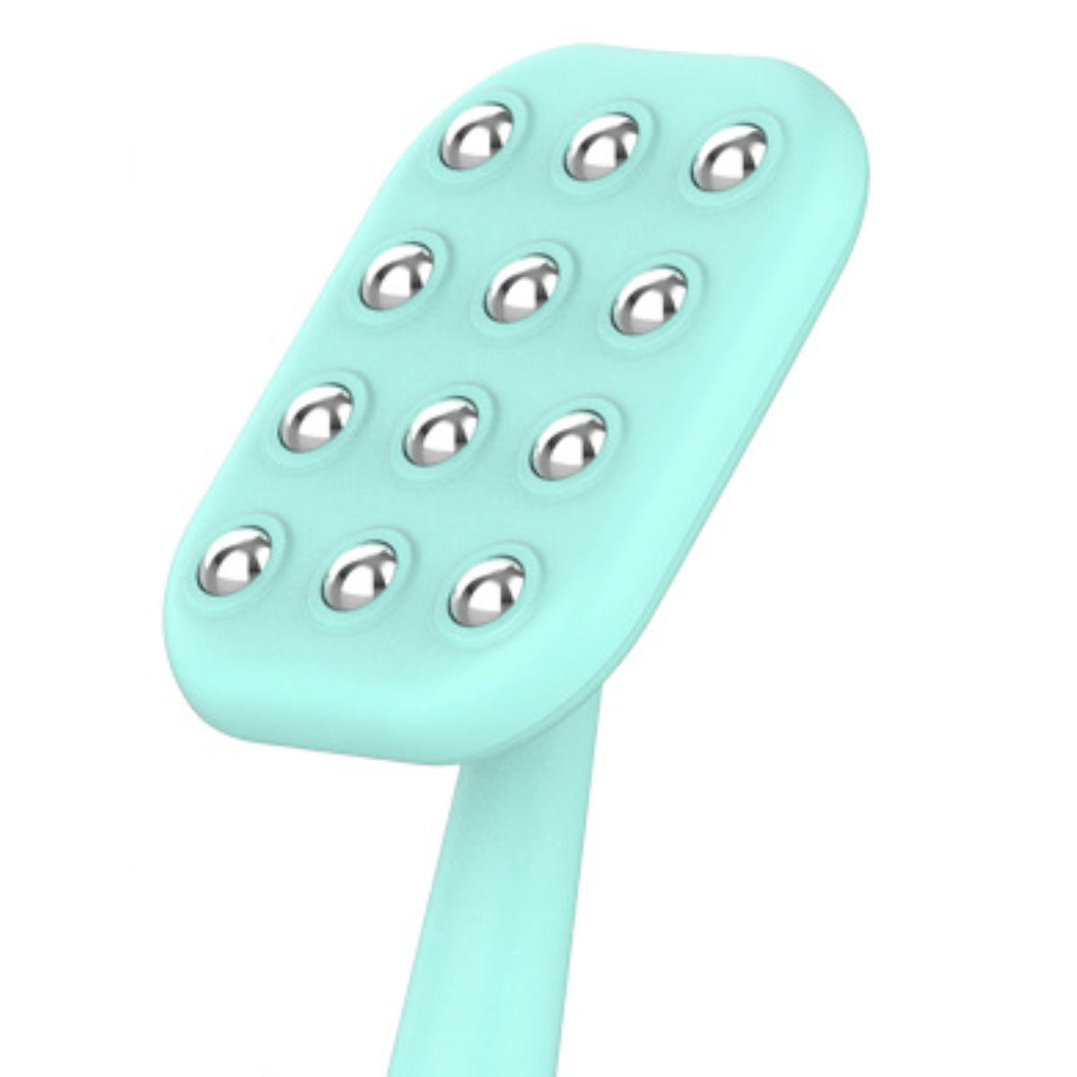 Ein hellgrüner Gesichtsmassager mit silbernen Kugeln auf weißem Hintergrund.