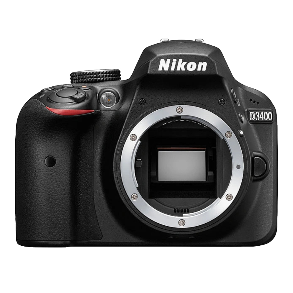 Schwarze Nikon D3400 Kamera, Objektivanschluss sichtbar. Weißer Hintergrund.