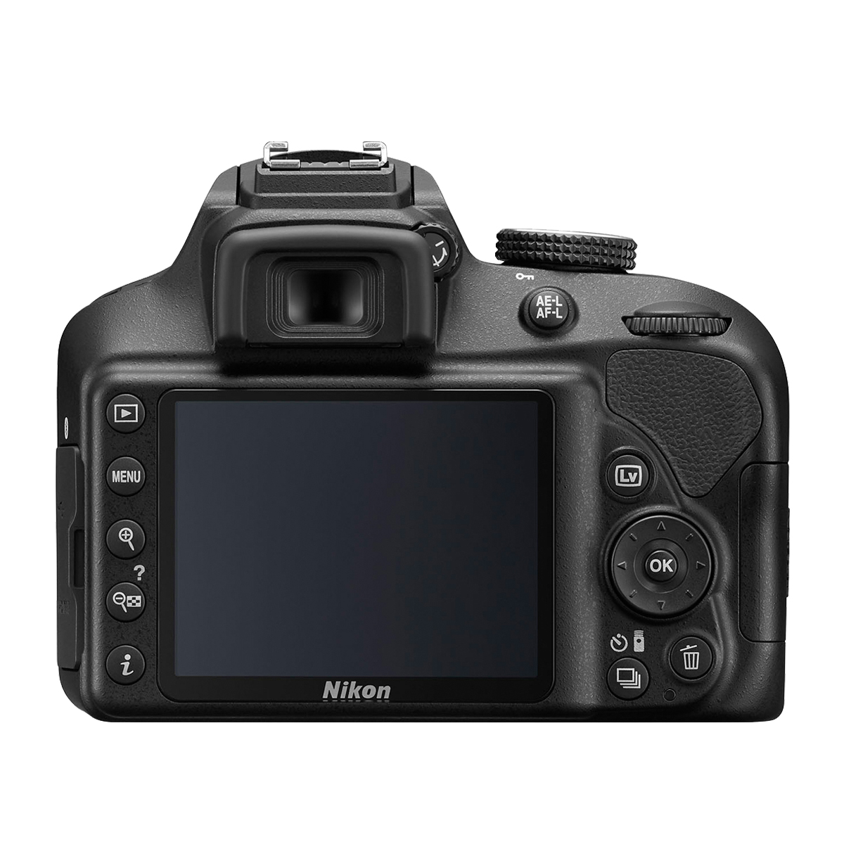 Eine schwarze Nikon Kamera. Ansicht von hinten. Knöpfe und Bildschirm sind sichtbar.