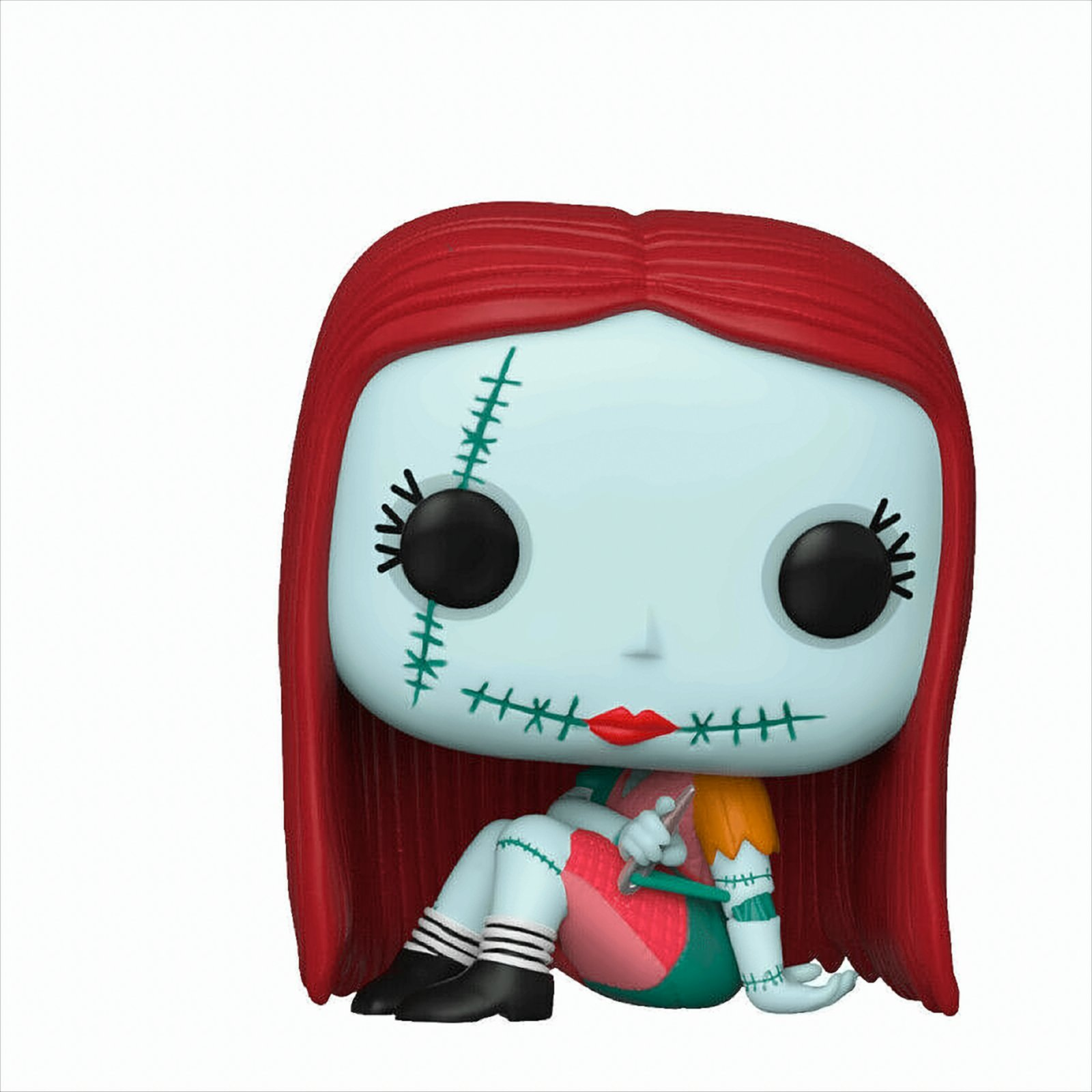 Sally aus The Nightmare Before Christmas. Sie sitzt, mit roten Haaren und genähtem Körper.