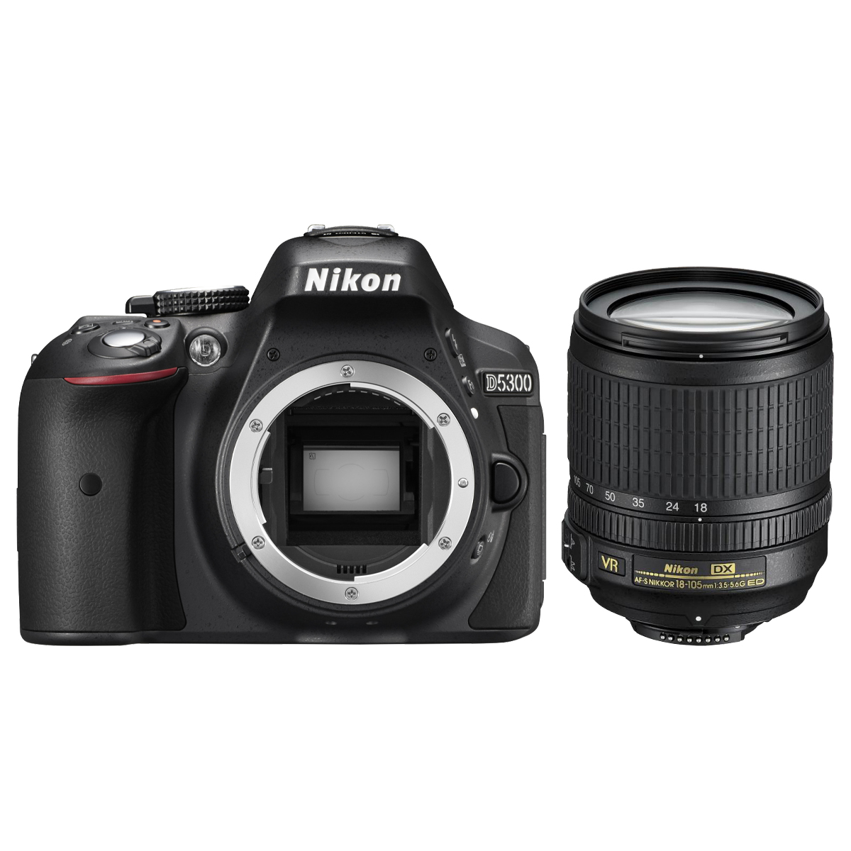 Eine schwarze Nikon D5300 Kamera mit einem Objektiv. Das Objektiv hat Zahlen und Buchstaben.