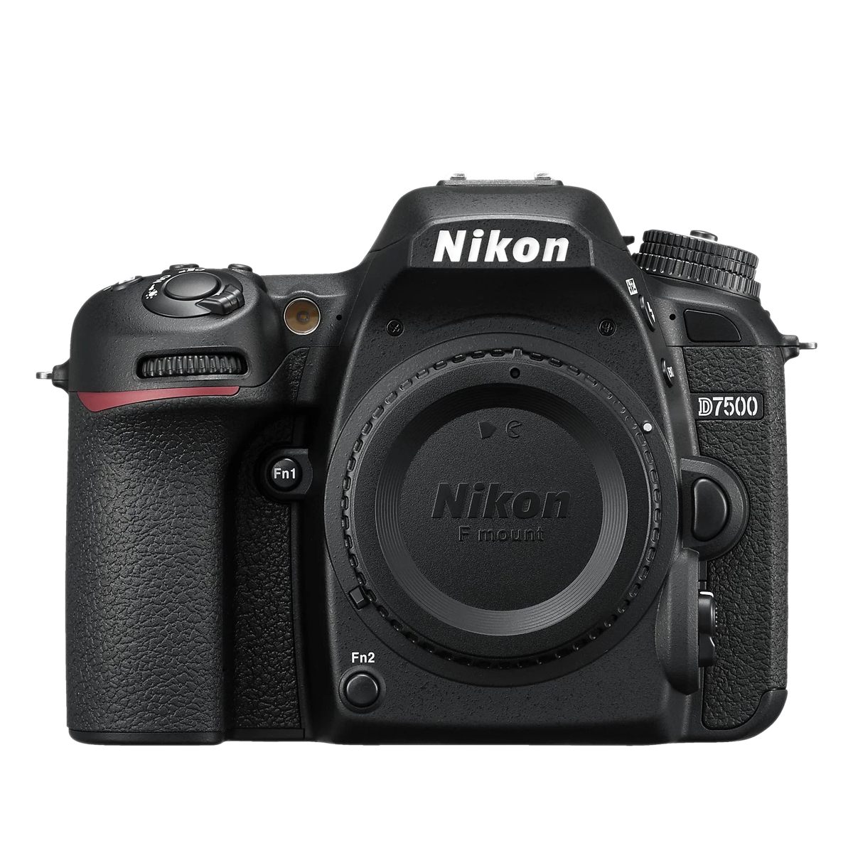 Eine Nikon D7500 Kamera. Sie ist schwarz mit Objektiv und Knöpfen. Sie befindet sich auf weißem Hintergrund.