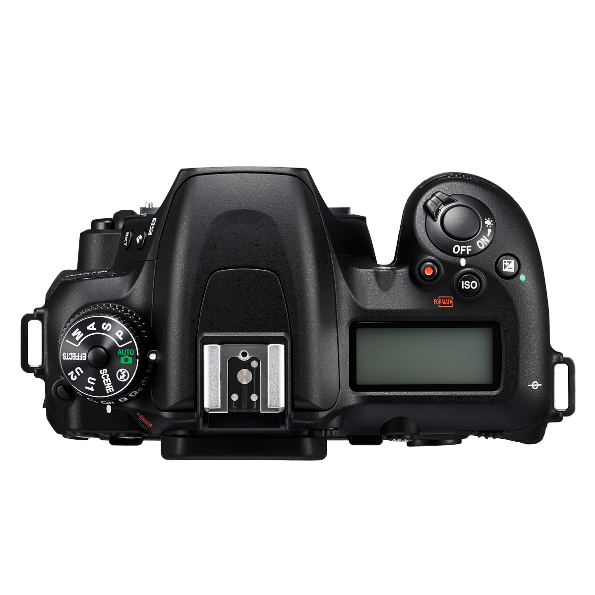 Draufsicht auf eine schwarze Nikon Kamera. Sie zeigt Einstellräder, einen Bildschirm und verschiedene Knöpfe. Weißer Hintergrund.