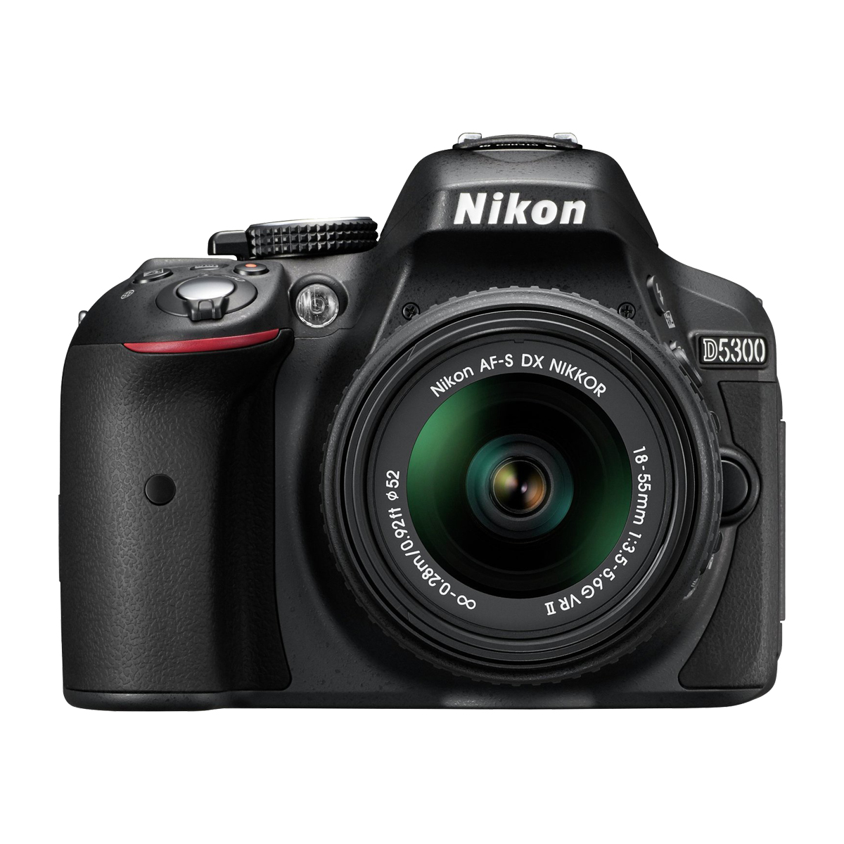 Schwarze Nikon D5300 DSLR-Kamera mit Objektiv, schwarz-rote Details, weißer Hintergrund.