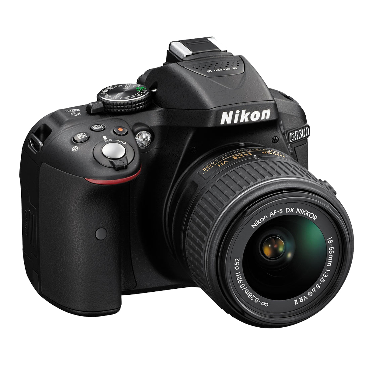 Schwarze Nikon D5300 DSLR-Kamera mit Objektiv. Der Hintergrund ist weiß. Die Kamera ist neu.